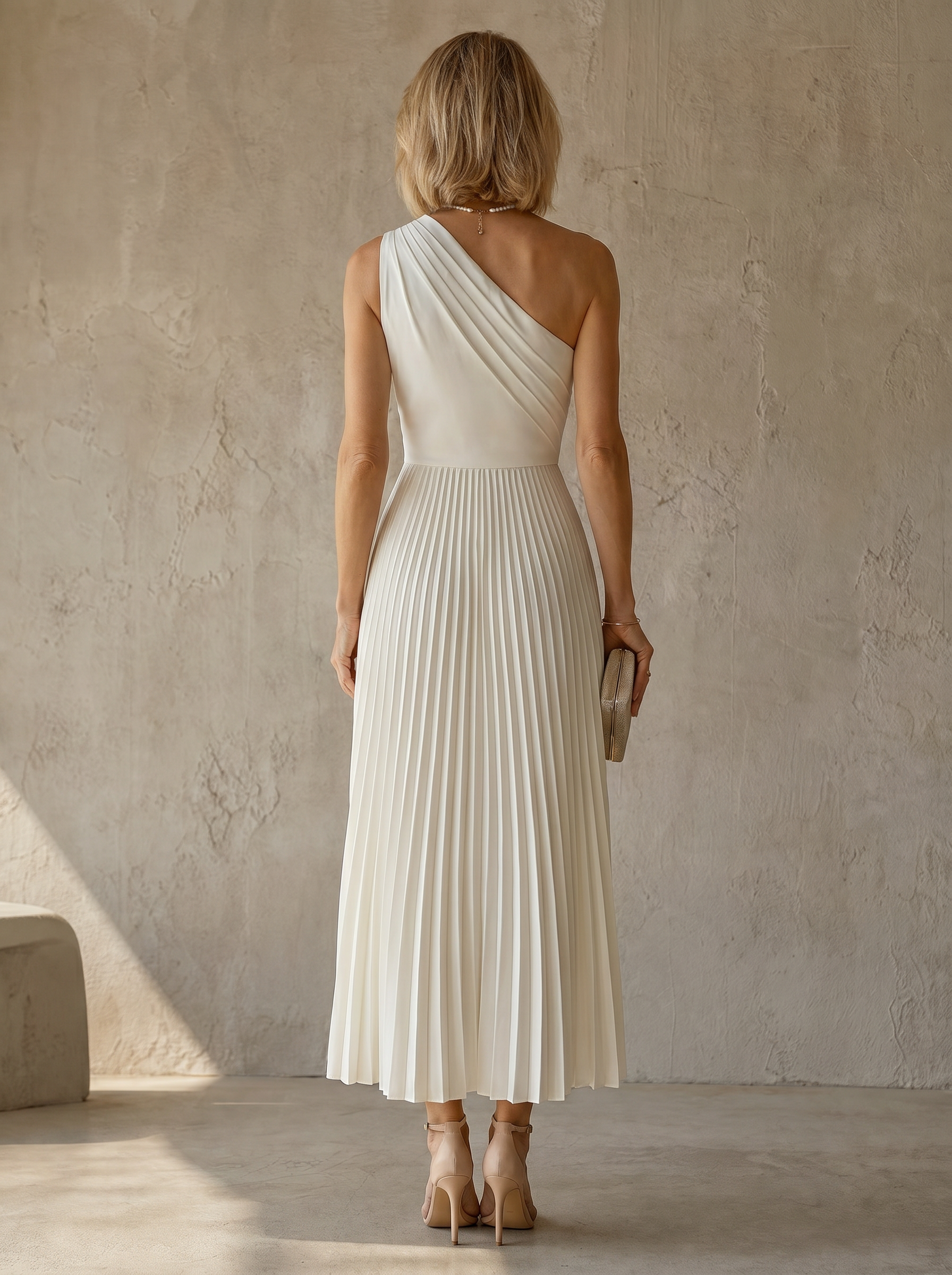 Elegant Ivory One-Shoulder Pleated A-Line Midi Formal Evening Dress 