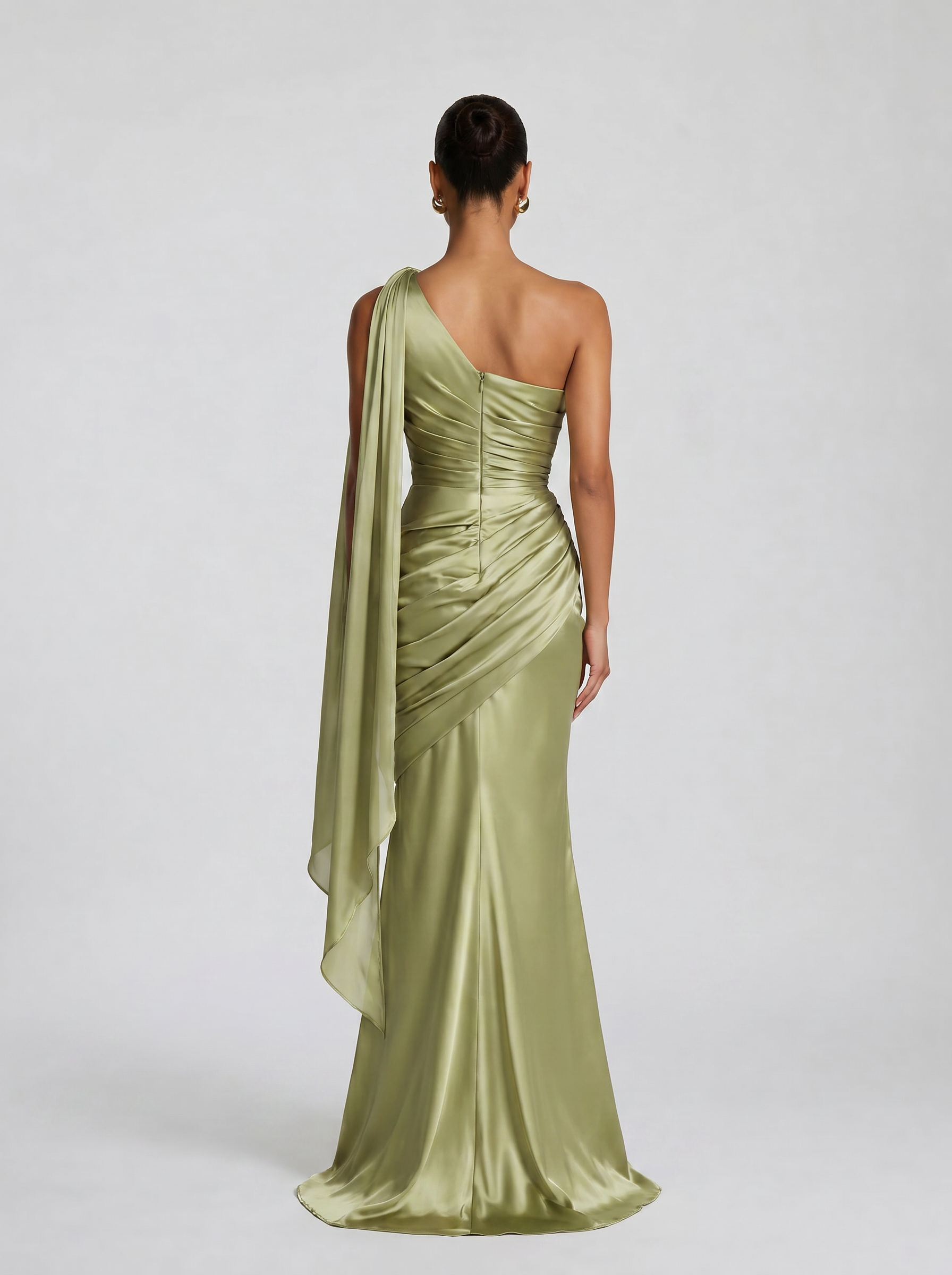 Ethereal Olive Silk Draped One-Shoulder Sheath Formal Evening Dress