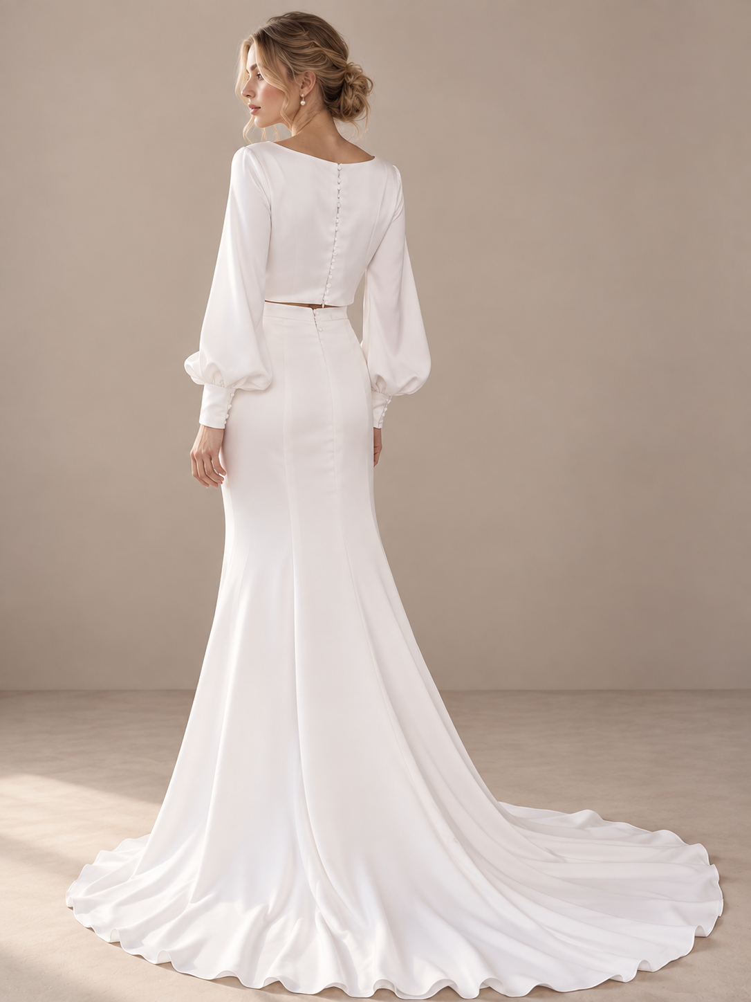 Sleek White Satin Two-Piece Cutout Long-Sleeve V-Neck Wedding Dress 