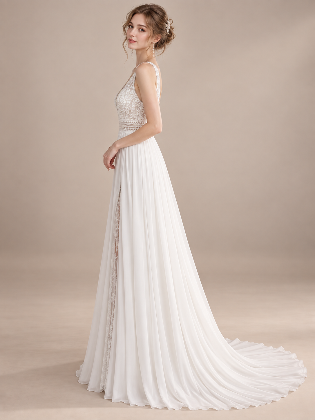 Luminous Ivory V-Neck Chiffon Slit Sleeveless A-Line Maxi Wedding Dress 
