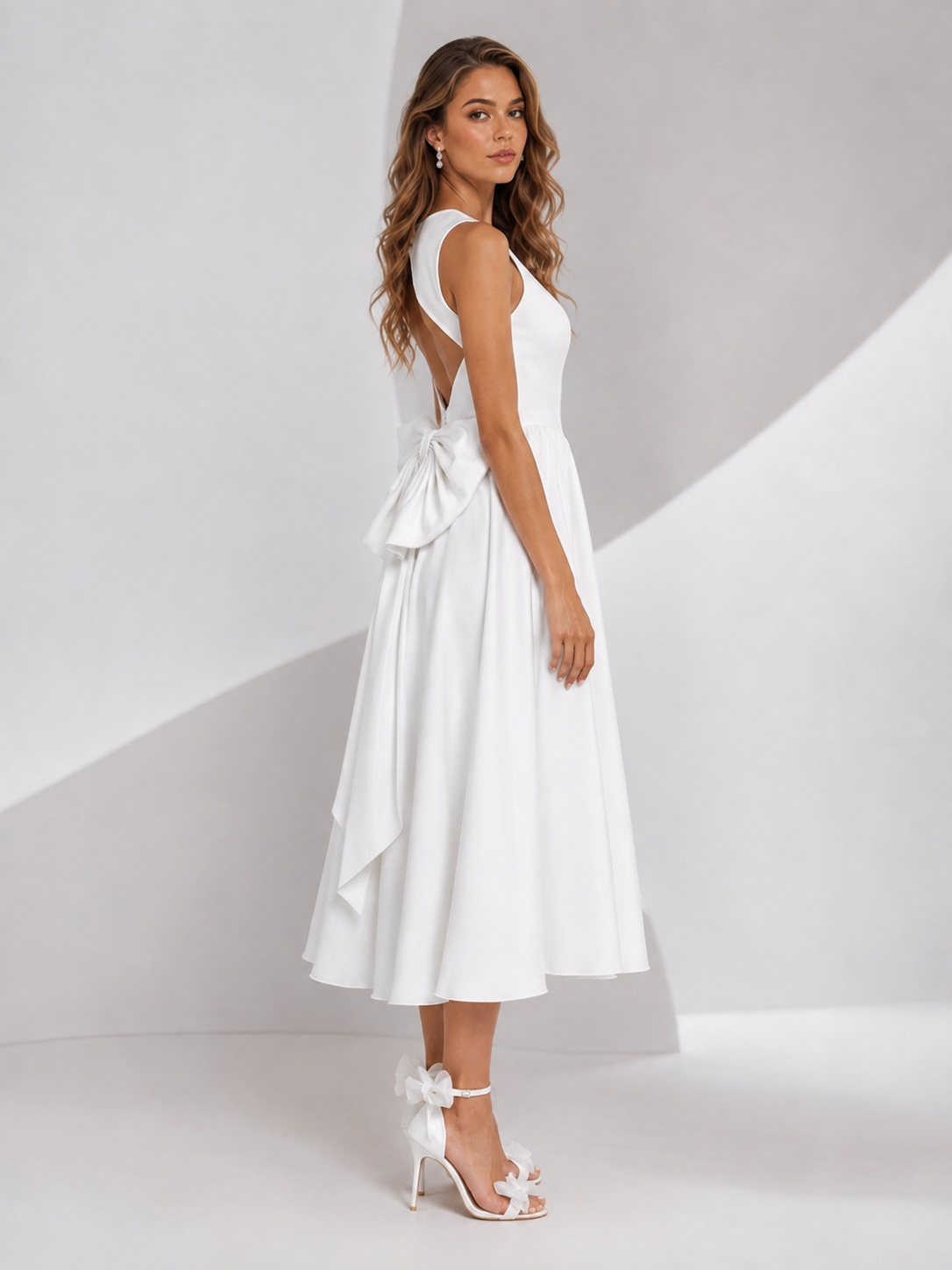 White A-Line with Pockets Crepe Back Satin Midi Wedding Dress