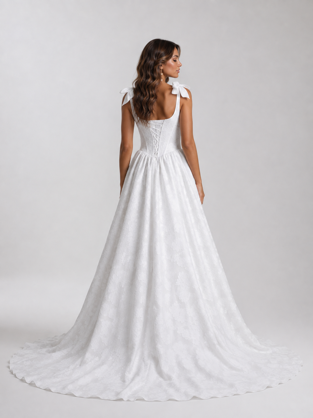  White Ball-Gown with Pockets Floral Burnout Square Neckline A-Line Wedding Dress