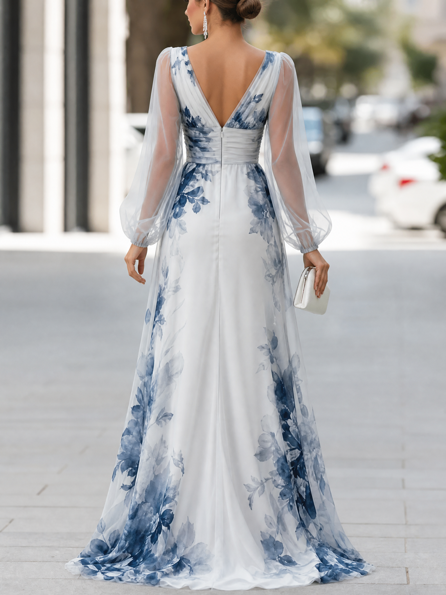 Ethereal Floral White V-Neck A-line Formal Evening Dress With High Slit