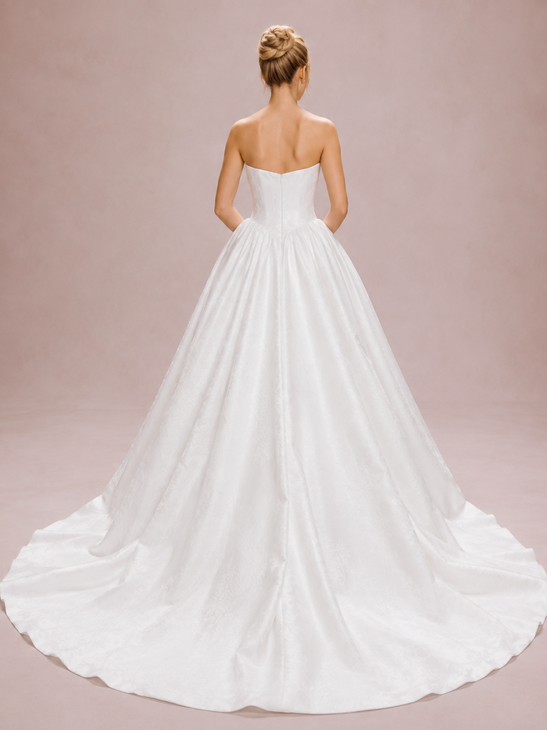 White Strapless Straight-Across Floral Jacquard A-Line Wedding Dress 