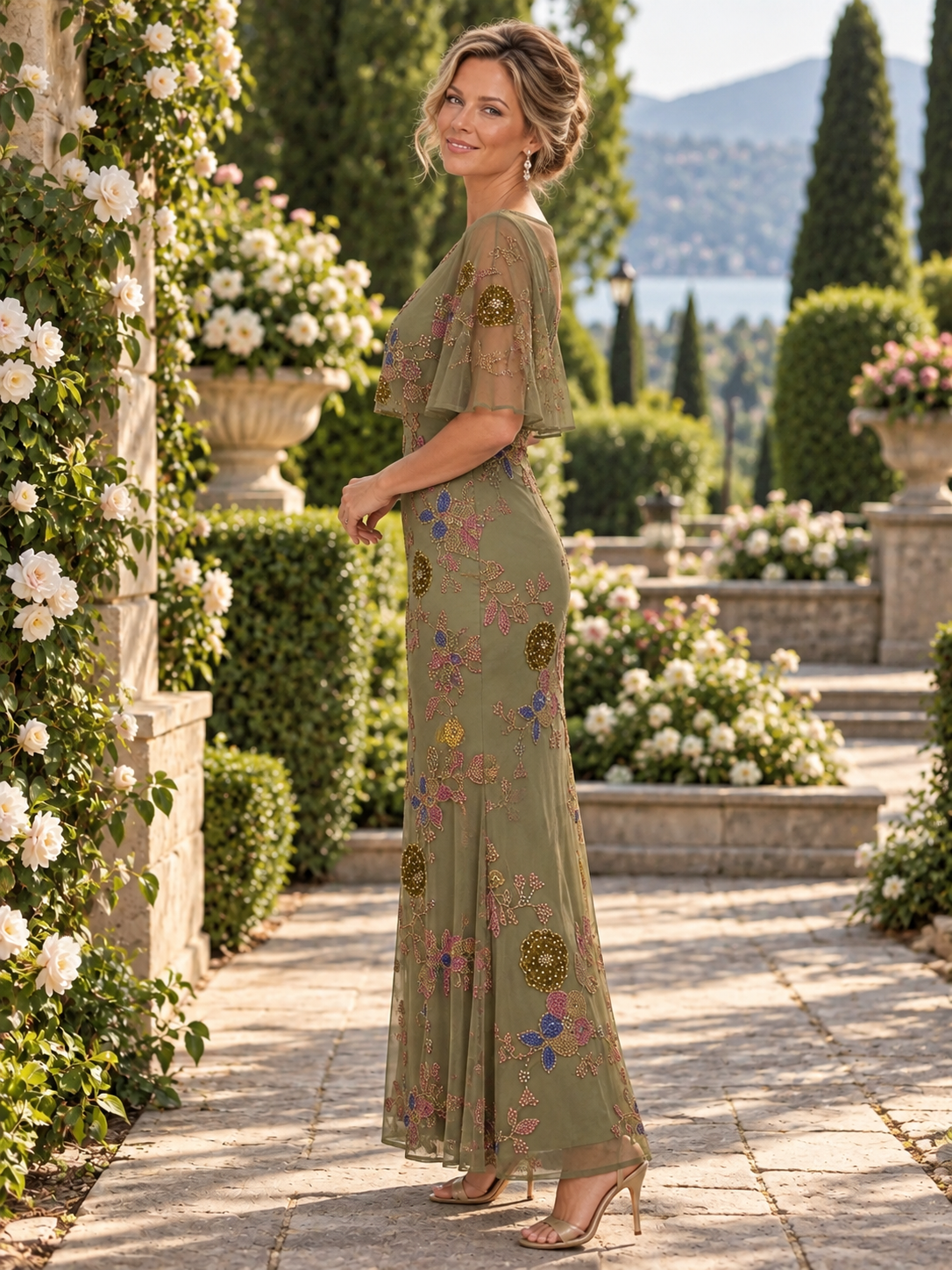 Olive Green Beaded Capelet Column Mother of the Bride & Groom Dresses 