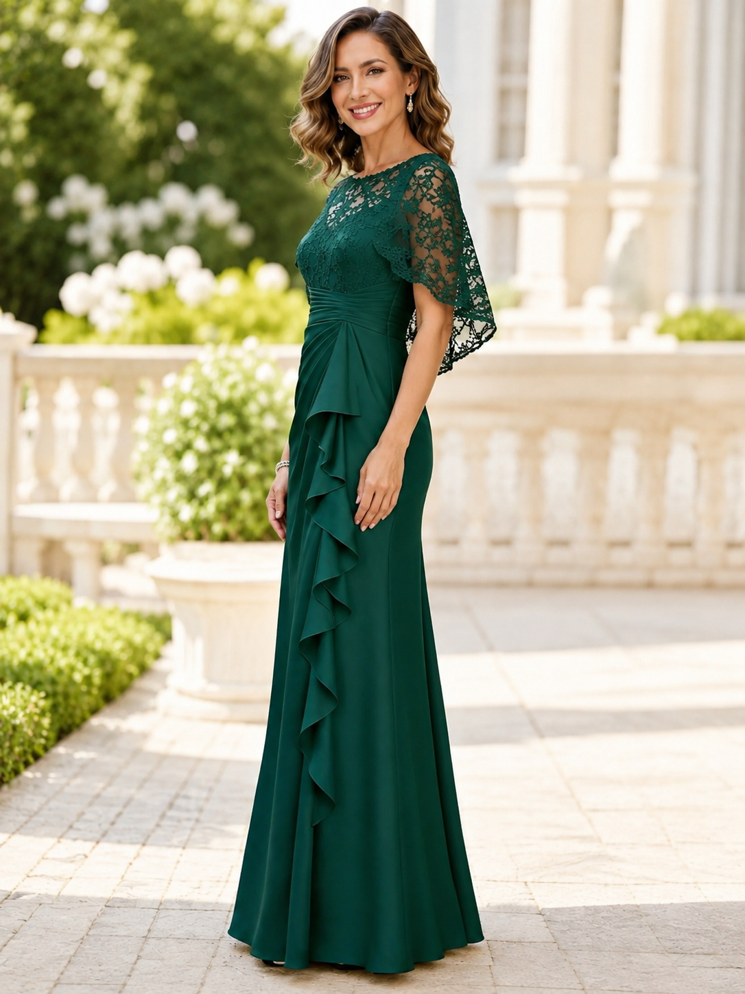 Emerald Green Lace Capelet-Overlay Column Maxi Mother of the Bride & Groom Dresses 