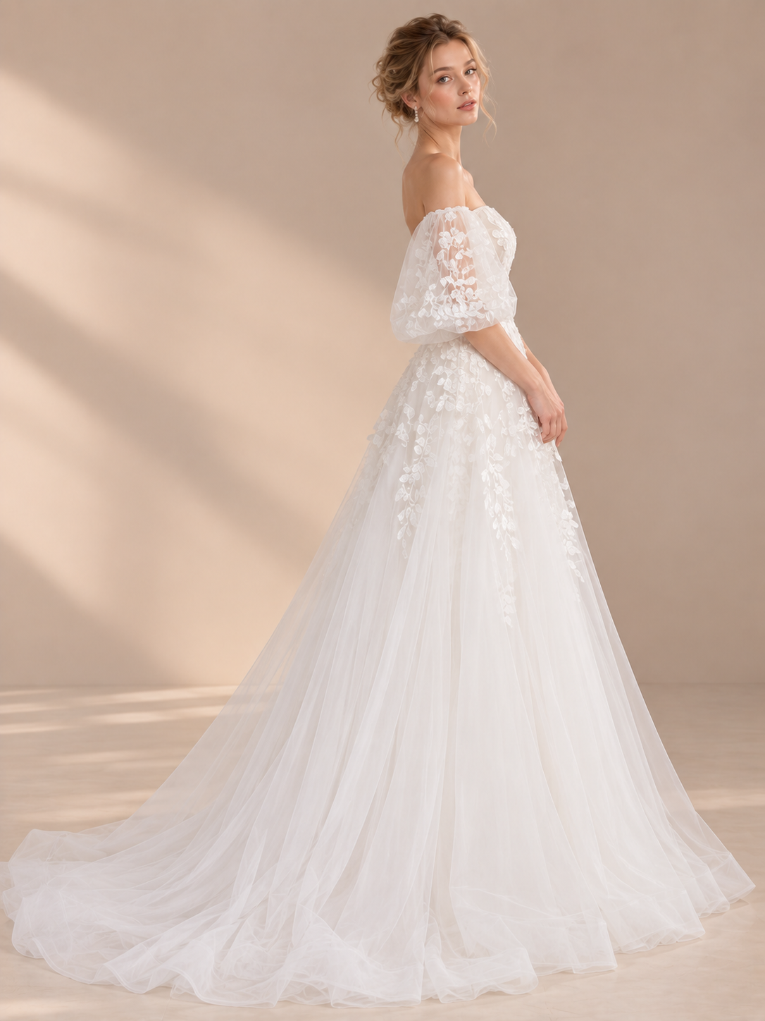 Ethereal Off-the-Shoulder 3D Floral Appliqué A-Line Wedding Dress 