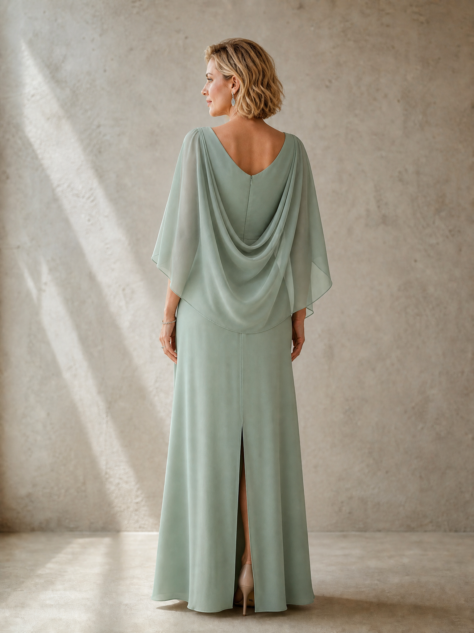 Ethereal Sage Chiffon Overlay Column Mother of the Bride & Groom Dresses 