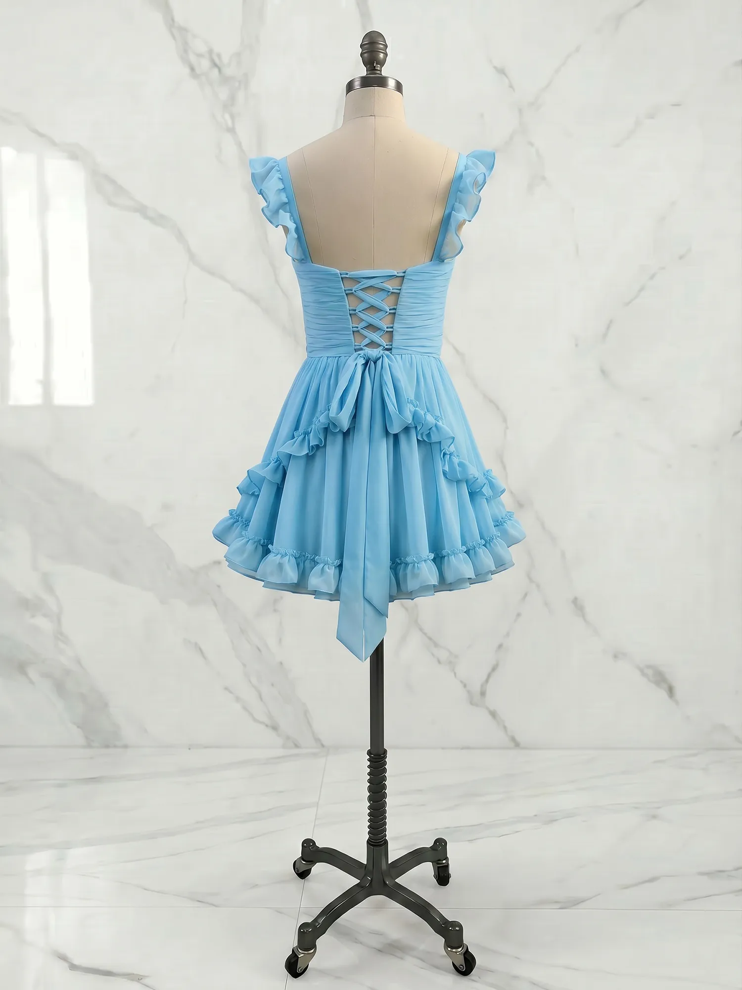 A Line Ruffled Tiered Chiffon Homecoming Dress with Lace-Up Back
