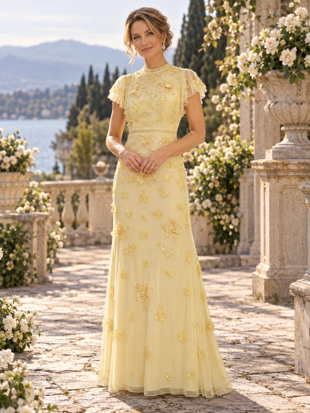 Butter Yellow Appliqué High-Neck Column Maxi Mother of the Bride & Groom Dresses 