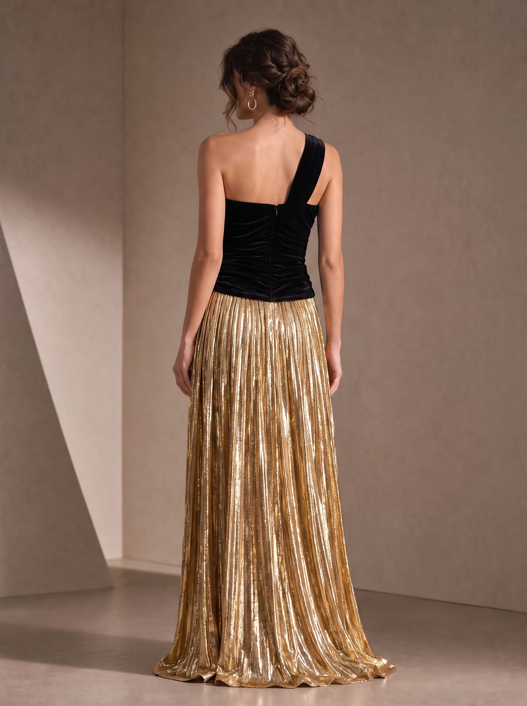 Radiant Velvet & Gold Pleated One Shoulder A-Line Formal Evening Dress 