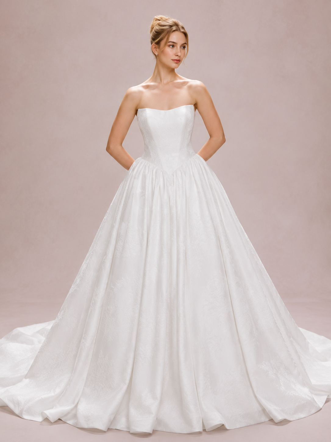 White Strapless Straight-Across Floral Jacquard A-Line Wedding Dress 