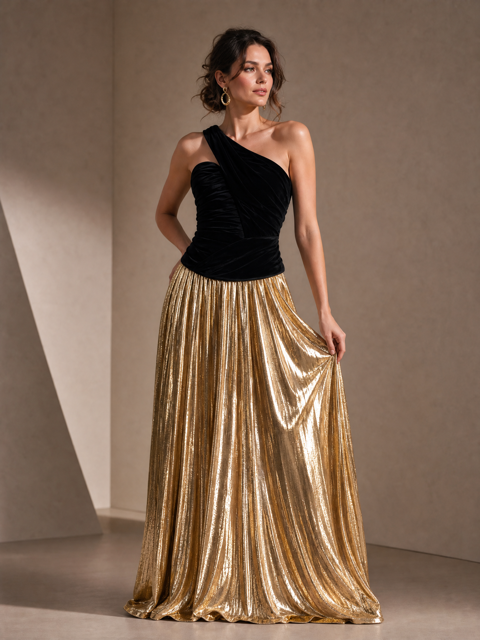 Radiant Velvet & Gold Pleated One Shoulder A-Line Formal Evening Dress 