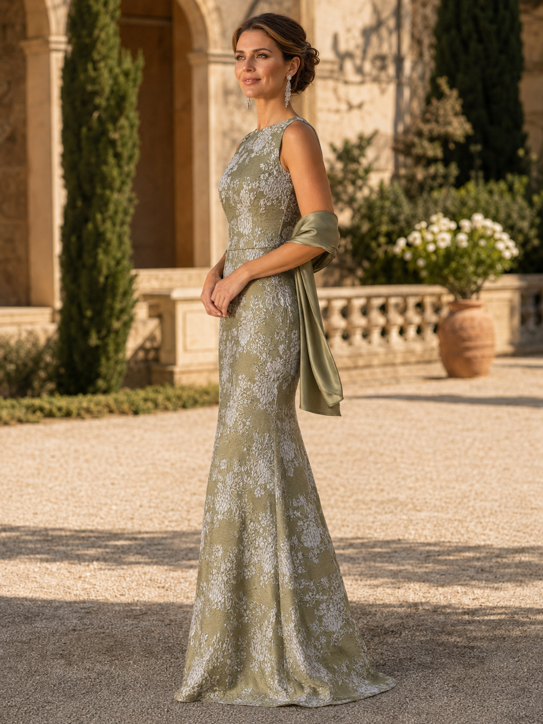 Olive Green Jacquard Mermaid Boat Neckline Maxi Mother of the Bride & Groom Dresses