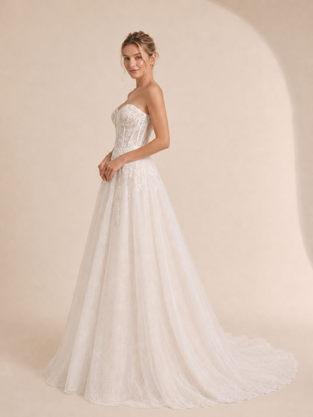 White Strapless Sweetheart Lace Corset A-Line Wedding Dress 