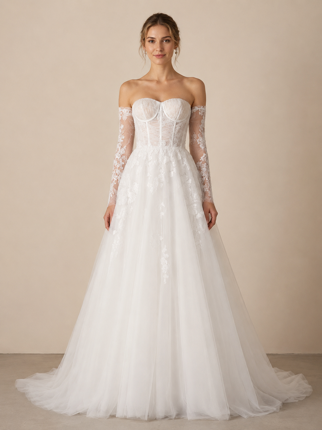 White Strapless Sweetheart Corset Lace Appliqué A-Line Wedding Dress 