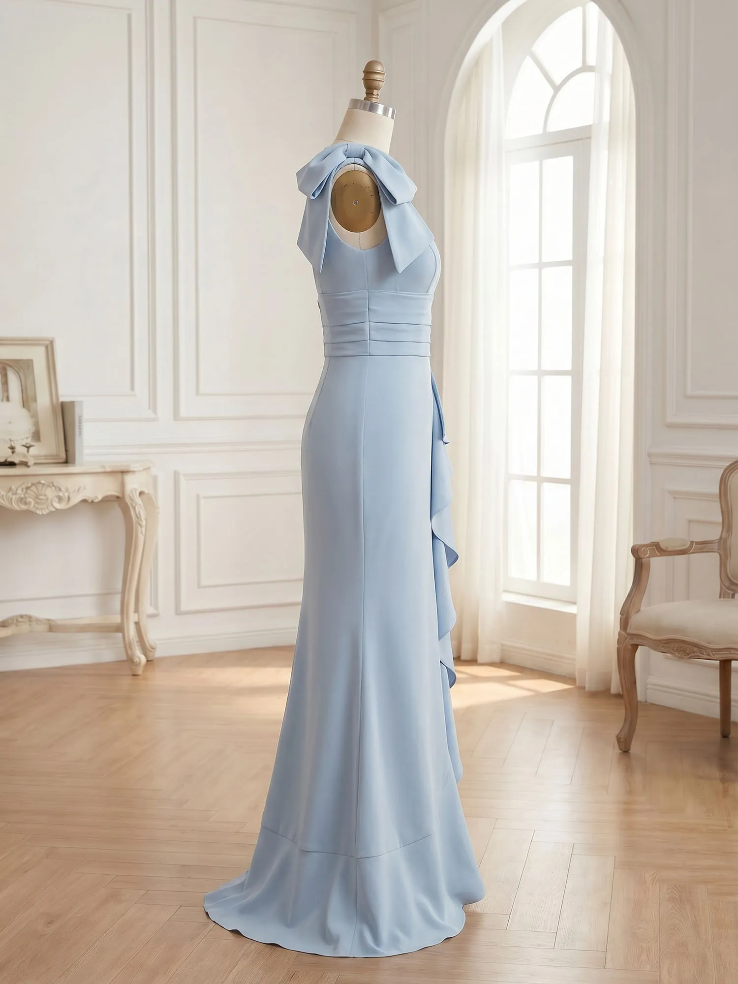 Deep V-Neck Bow-Shoulder Ruffle Slit Mermaid Evening Gown