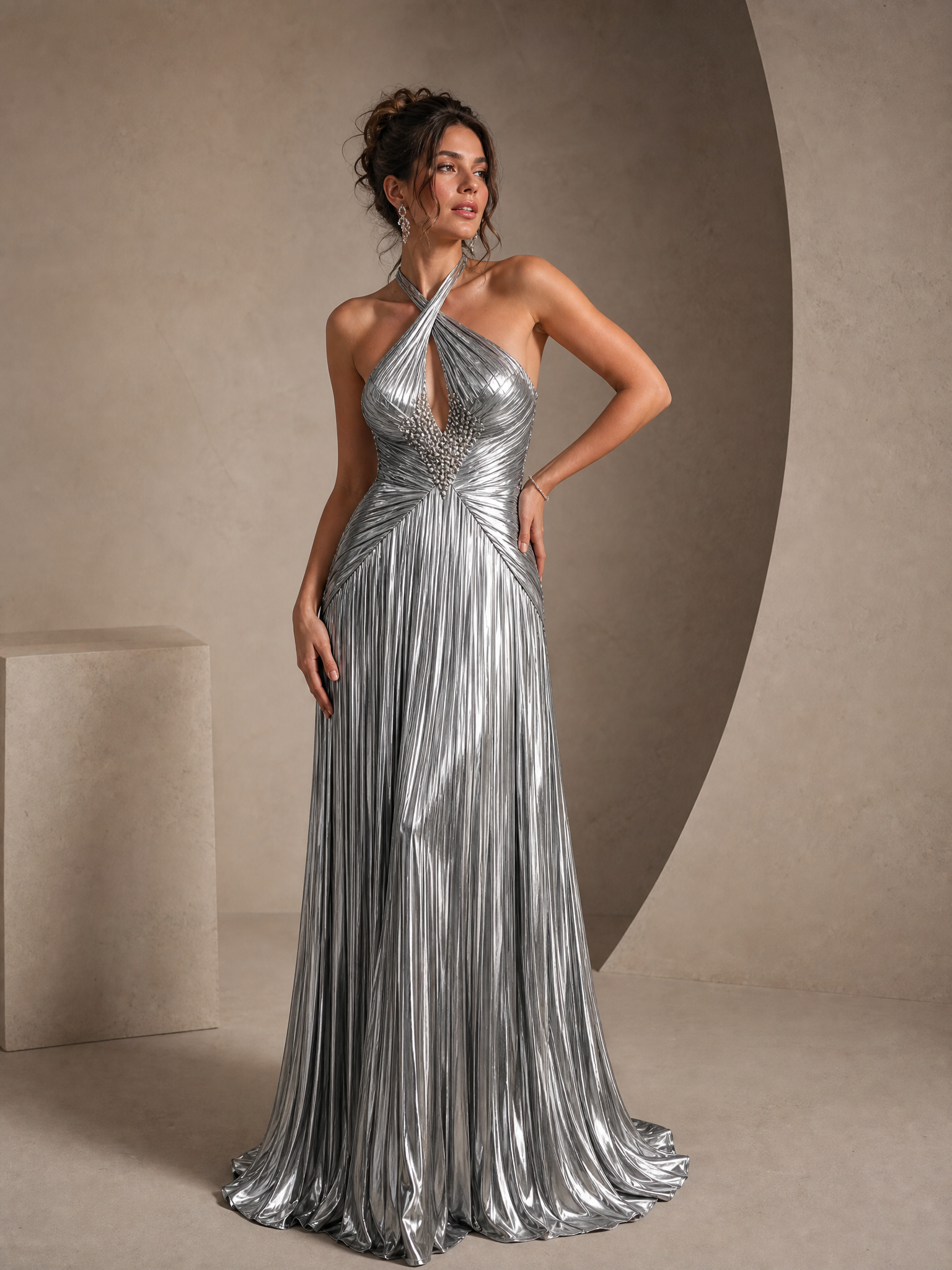 Futuristic Metallic Silver Pleated Halter A-Line Formal Evening Dress 