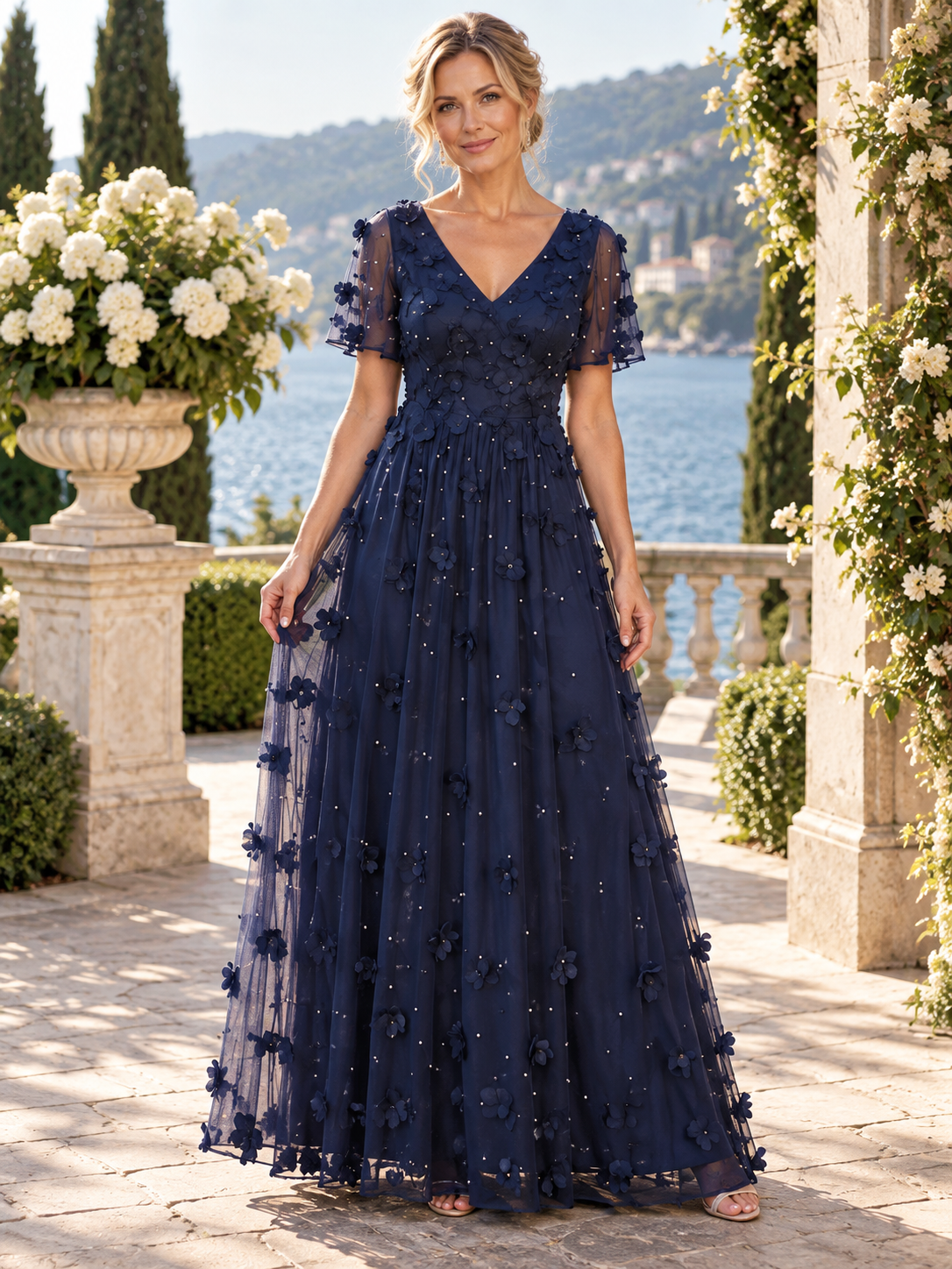 Navy Blue Flutter Sleeve 3D Floral Beaded Tulle V-Neck A-Line Mother of the Bride & Groom Dresses 
