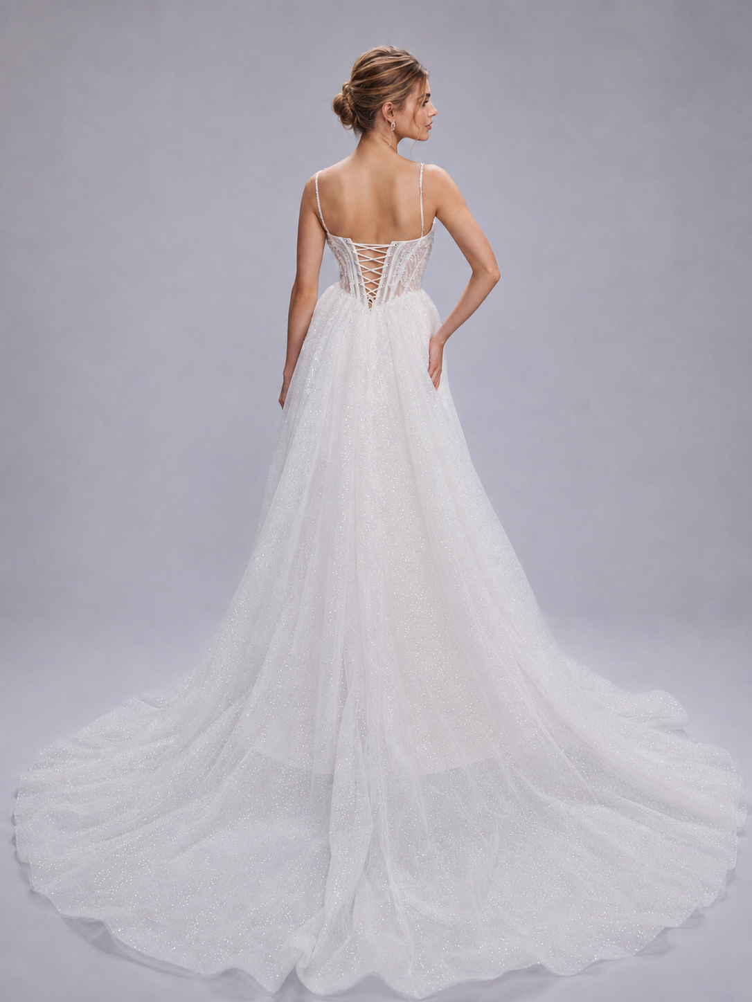 White Sweetheart Corset-Bodice Glitter Tulle High Slit A-Line Wedding Dress 