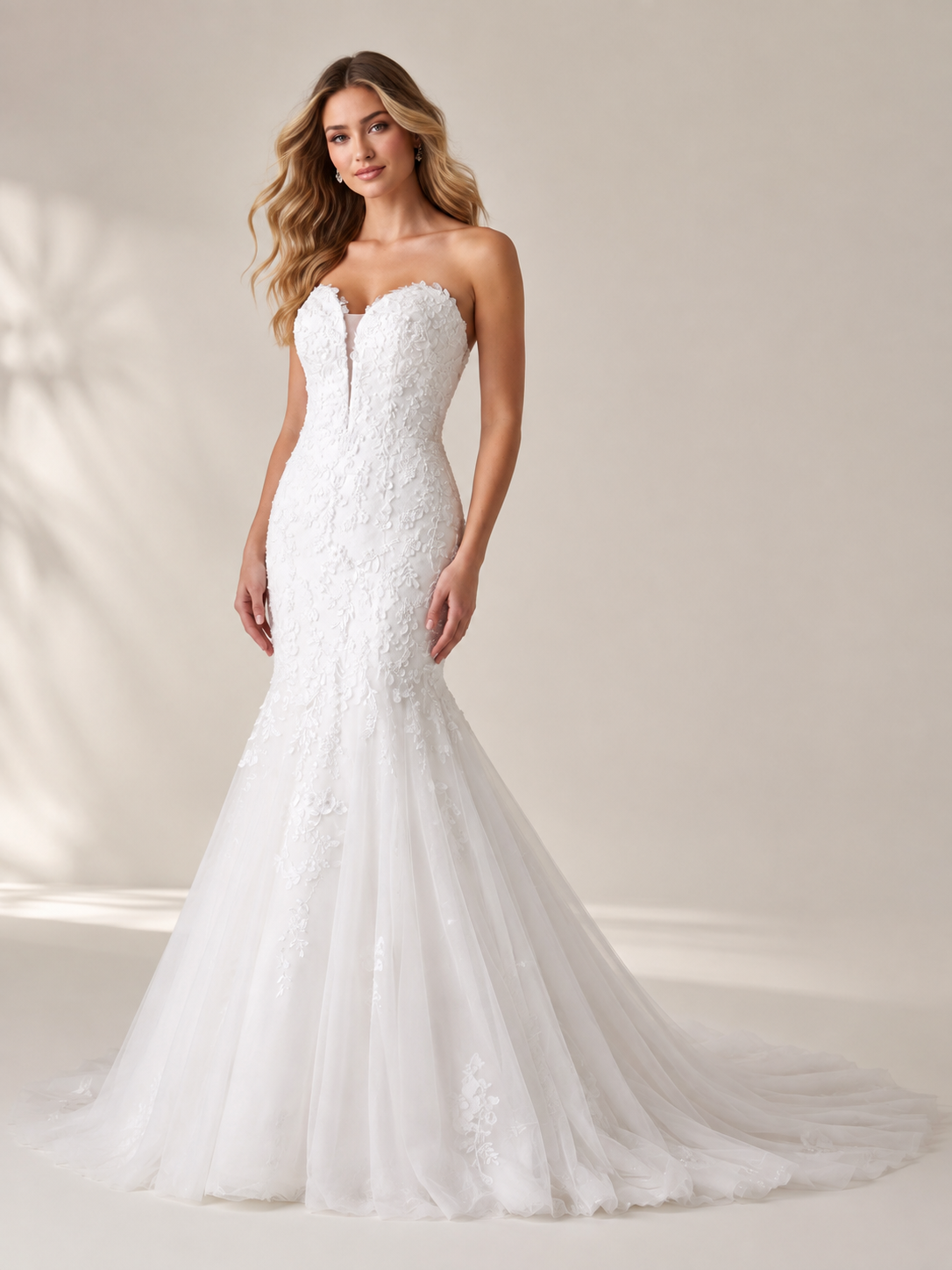  White Mermaid Strapless Sweetheart Tulle Wedding Dress with Matching Chiffon Cape