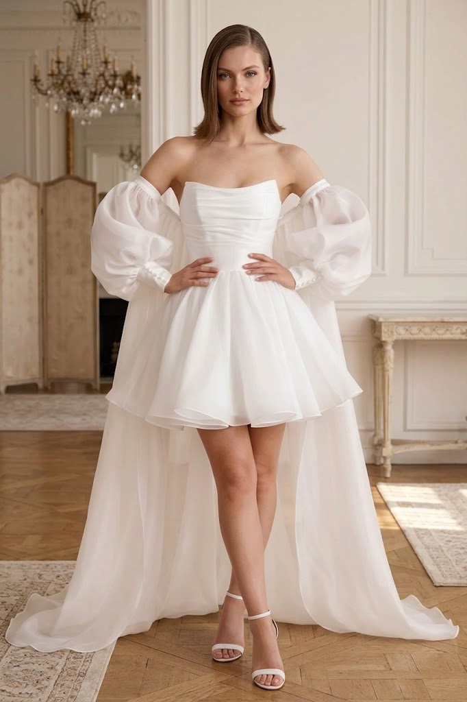 White Strapless Tulle A-Line Mini Wedding Dress with Cape