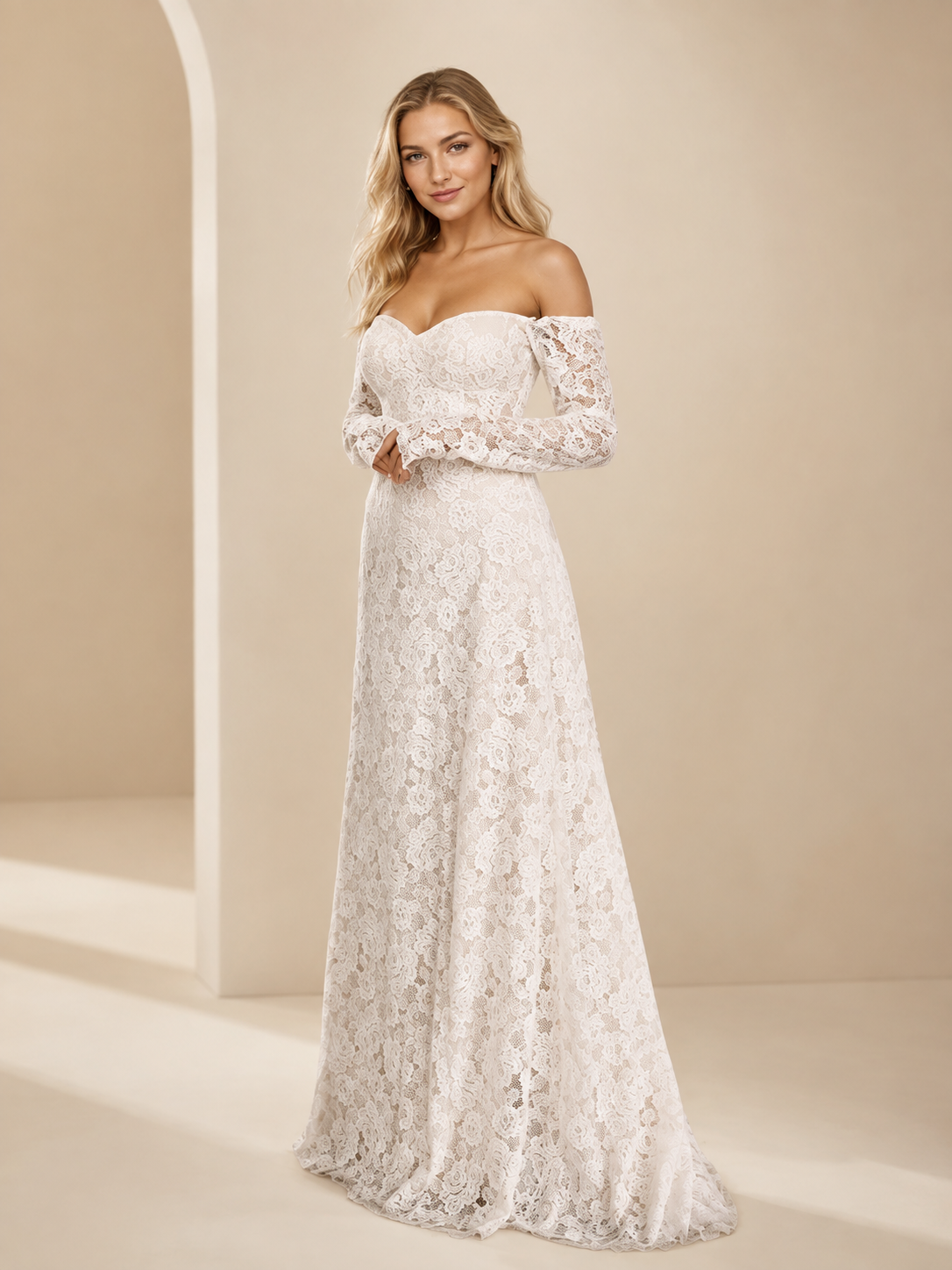 White Off-the-Shoulder Sweetheart Allover Lace A-Line Wedding Dress 