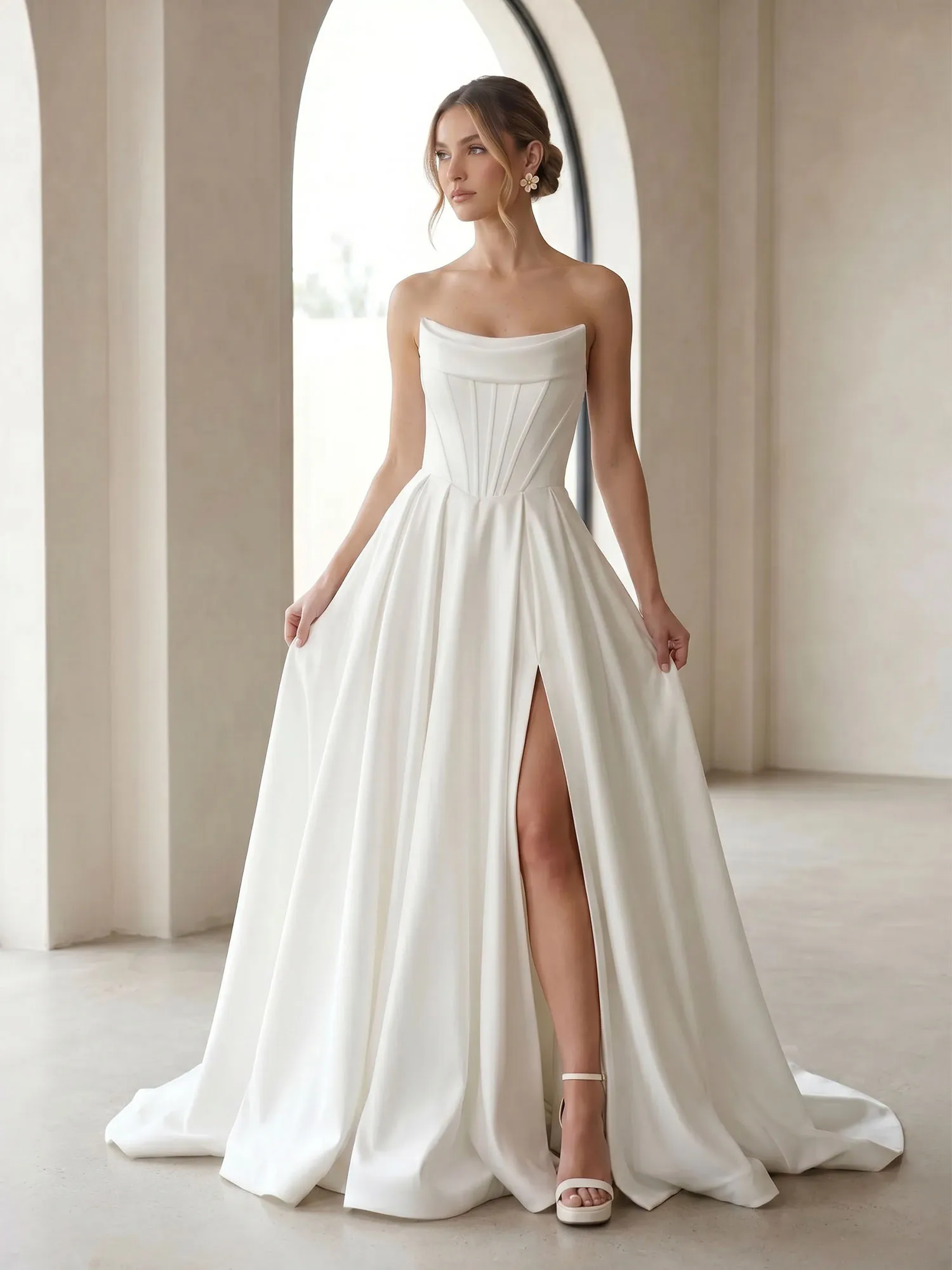 Strapless Corset A-Line Wedding Dress with Front Slit