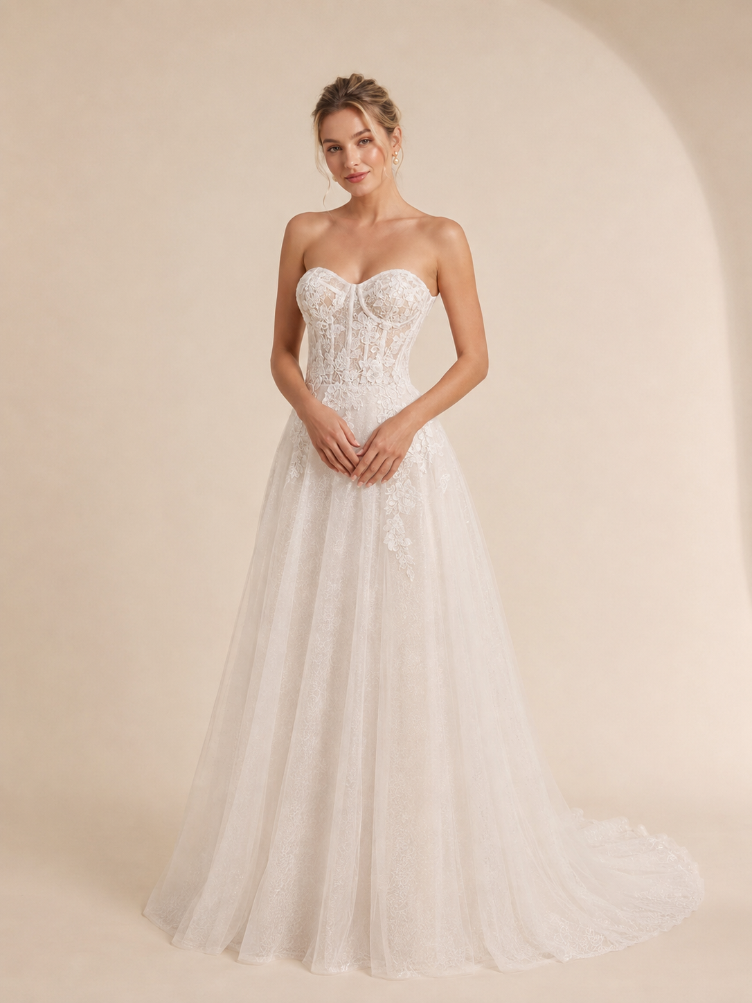 White Strapless Sweetheart Lace Corset A-Line Wedding Dress 