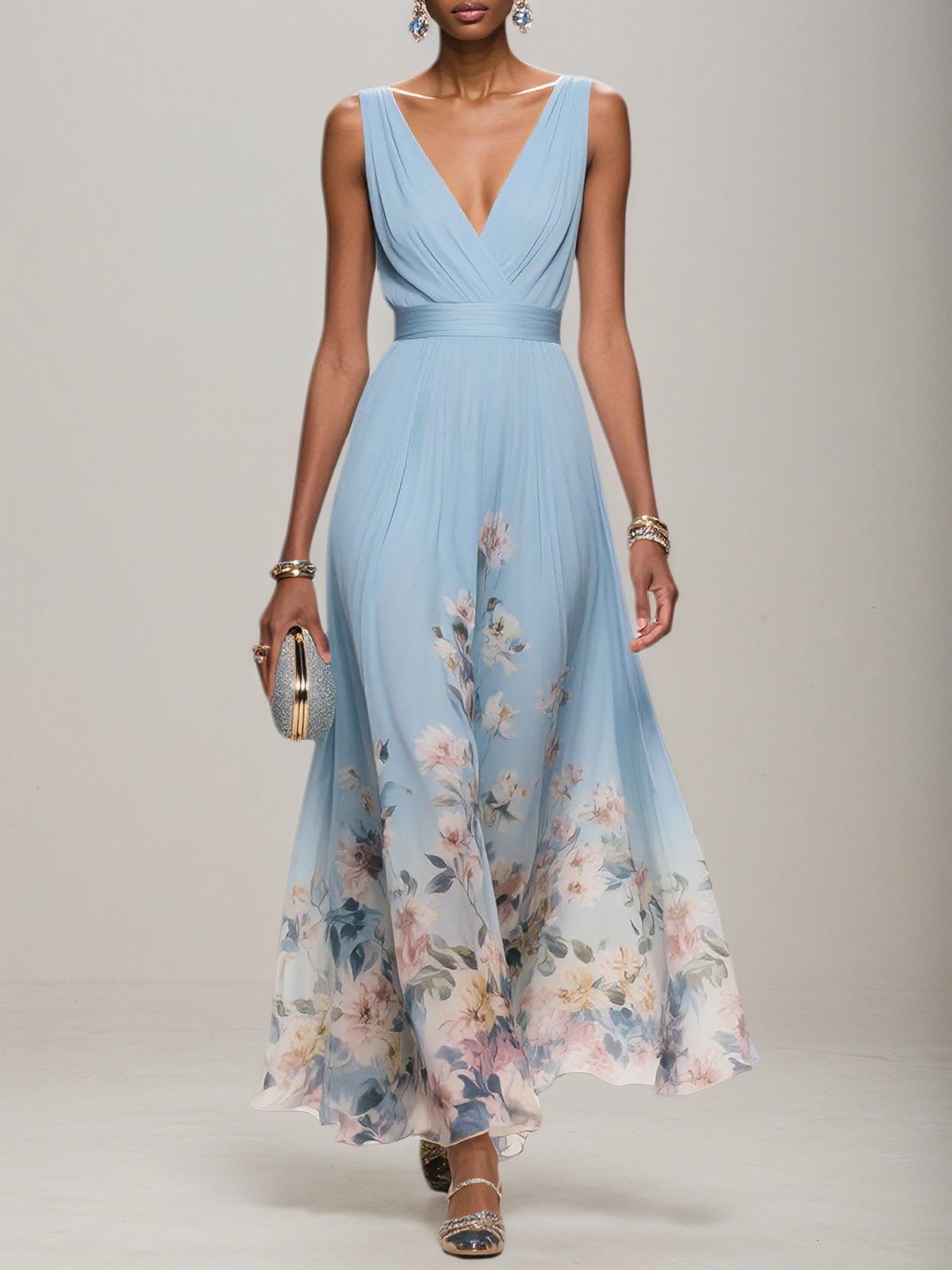 V-Neck Floral Print Chiffon Maxi Evening Dress with Satin Waist Bow