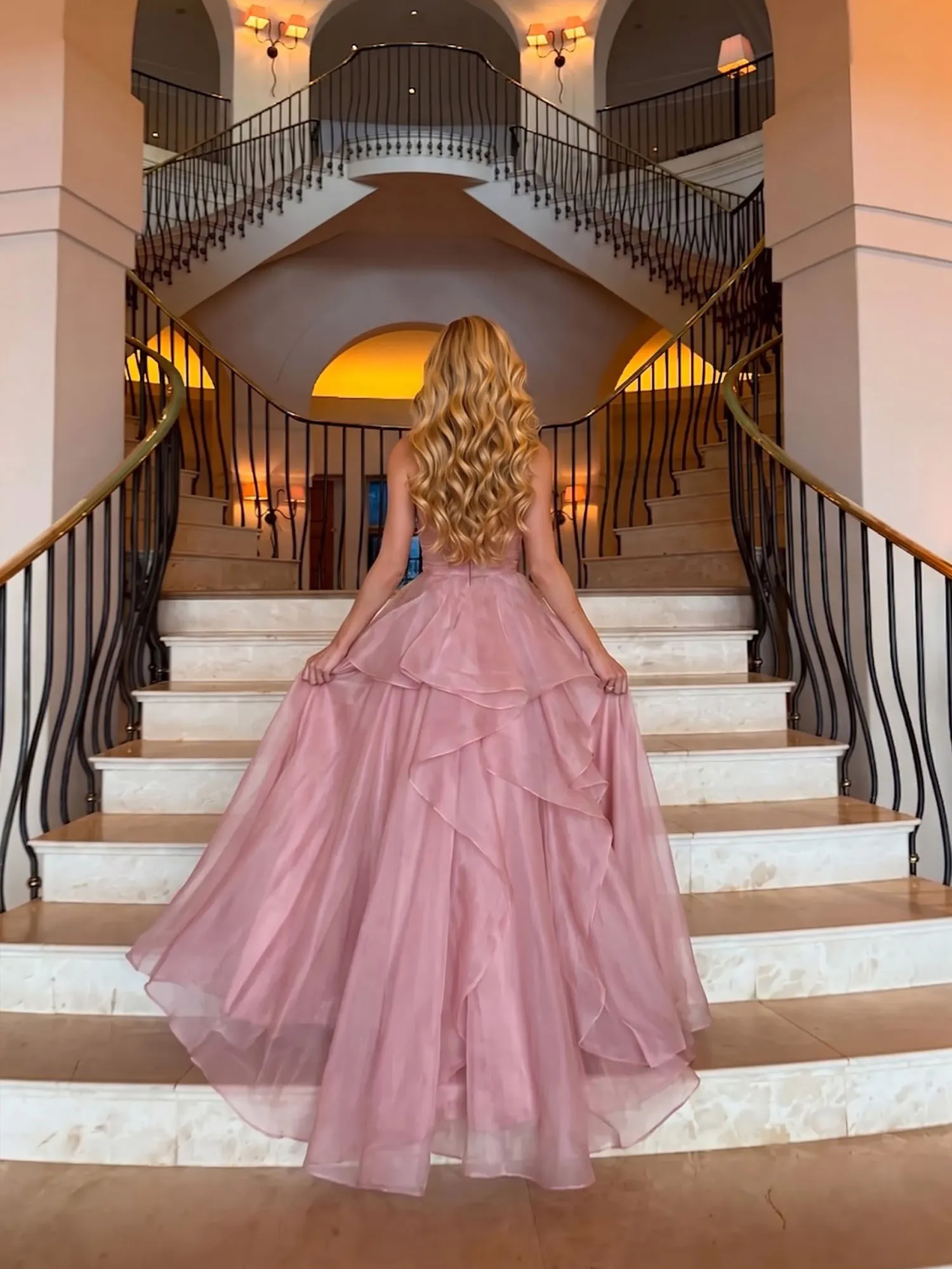 Strapless Tiered Organza Evening Gown with High Slit