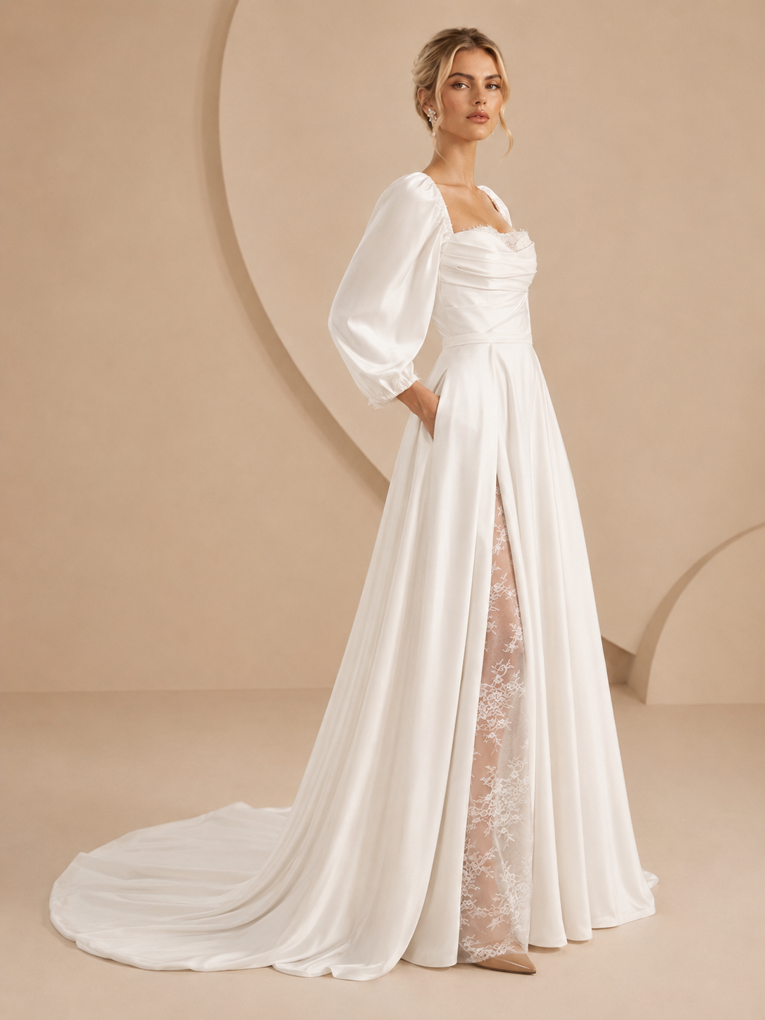 White Square-Neck Satin Long-Sleeve High Slit A-Line Wedding Dress 
