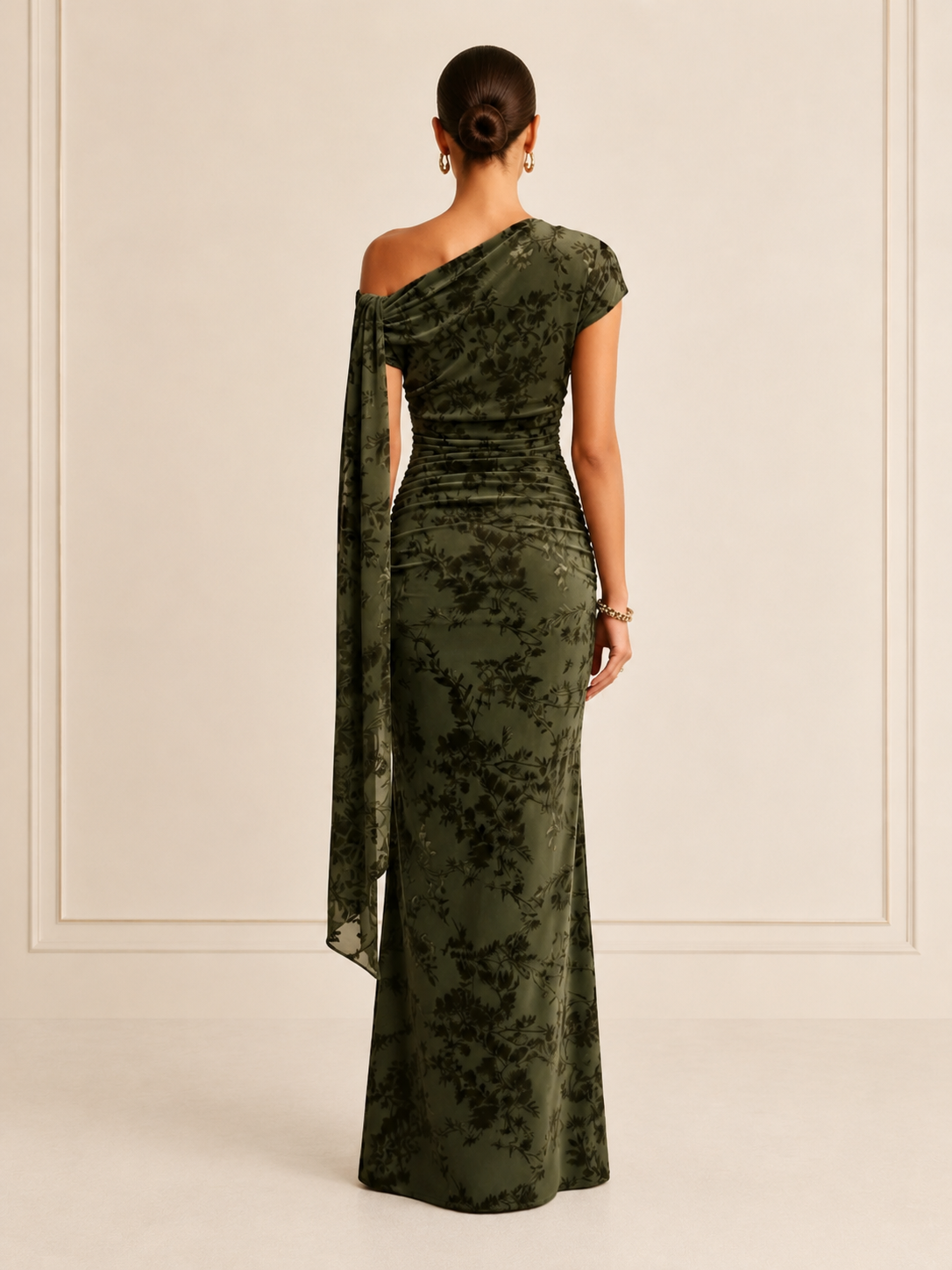 Olive Green Velvet Floral Draped One-Shoulder Sheath Maxi Evening Gown Dress
