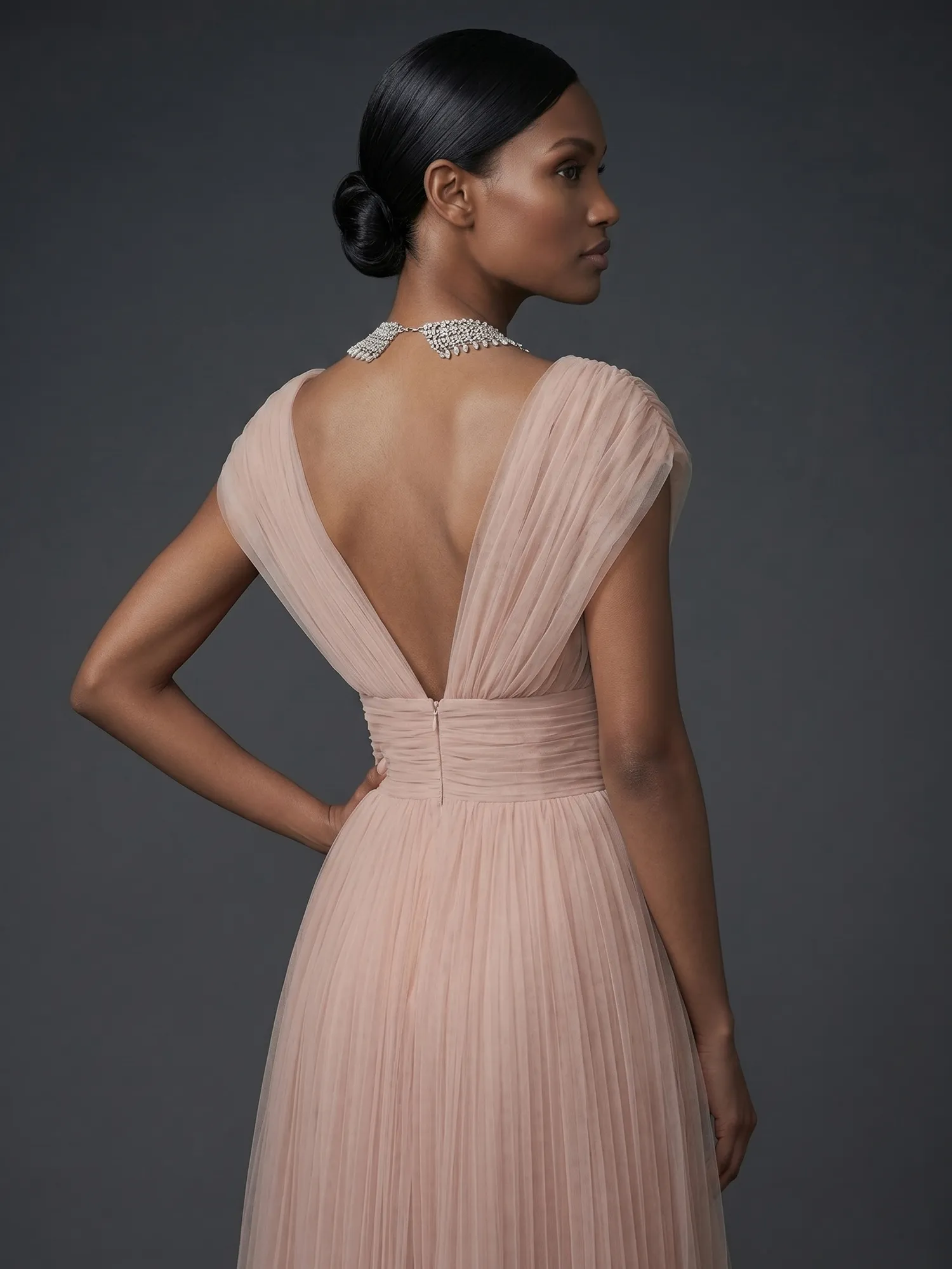 Draped V-Neck Pleated Tulle Evening Gown Maxi Dress
