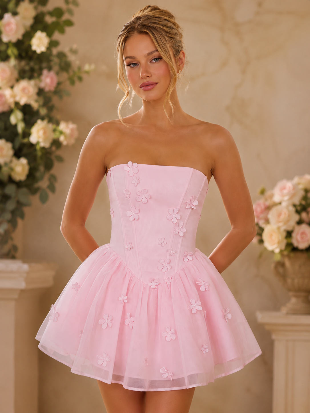 Pink Strapless 3D Floral Appliqué Corset Tulle Homecoming Dress 
