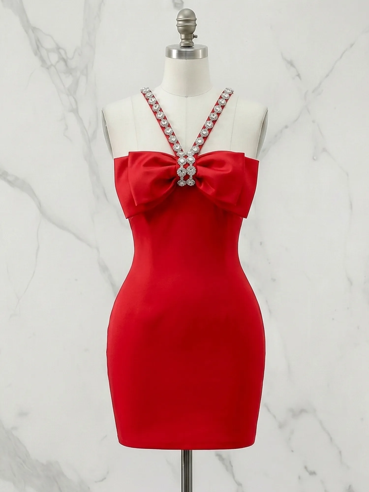 Bodycon Mini Homecoming Dress with Crystal Bow Halter Neck