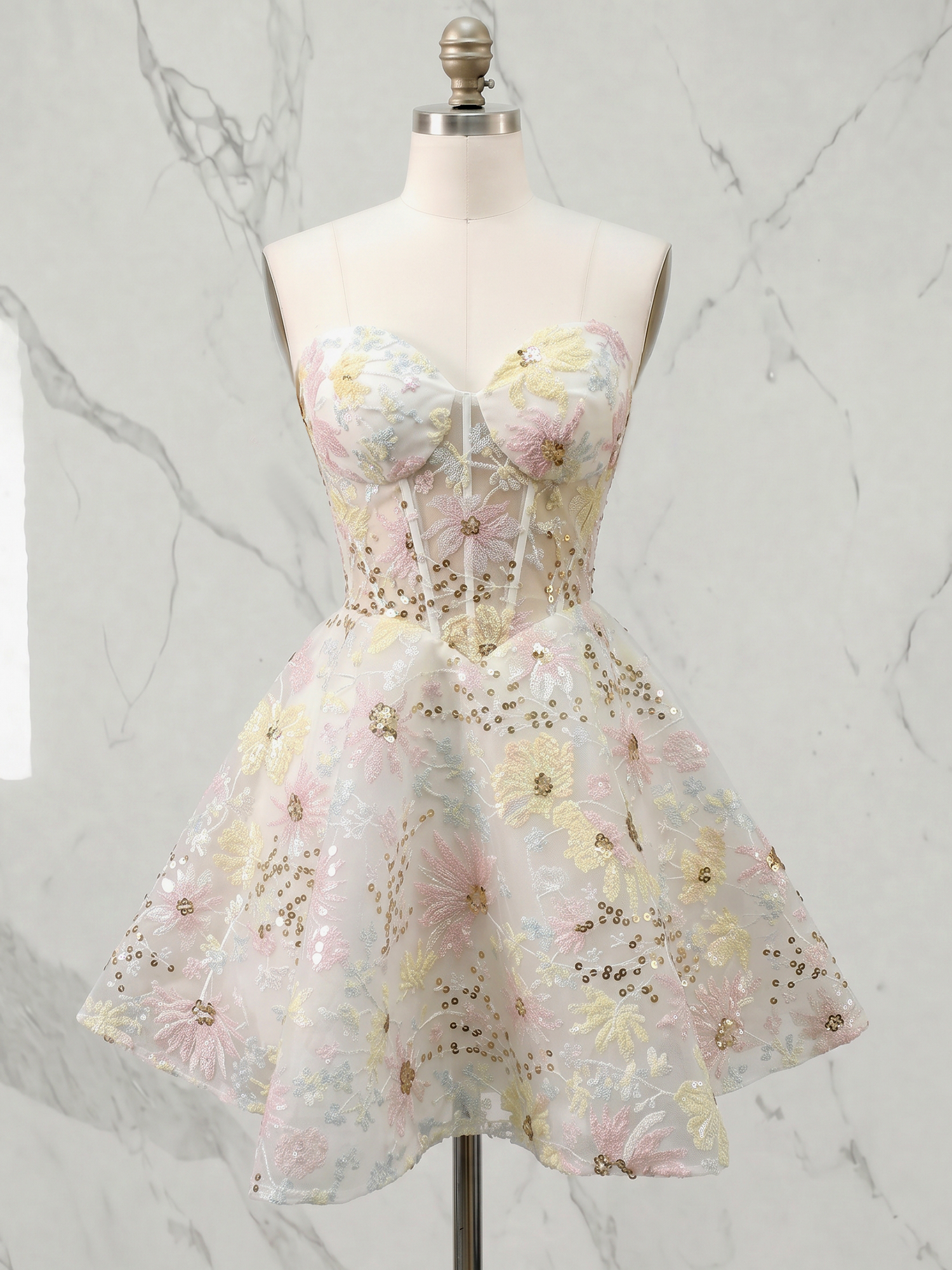 Pastel Dreamscape Floral Corset Mini Dress Homecoming Dress