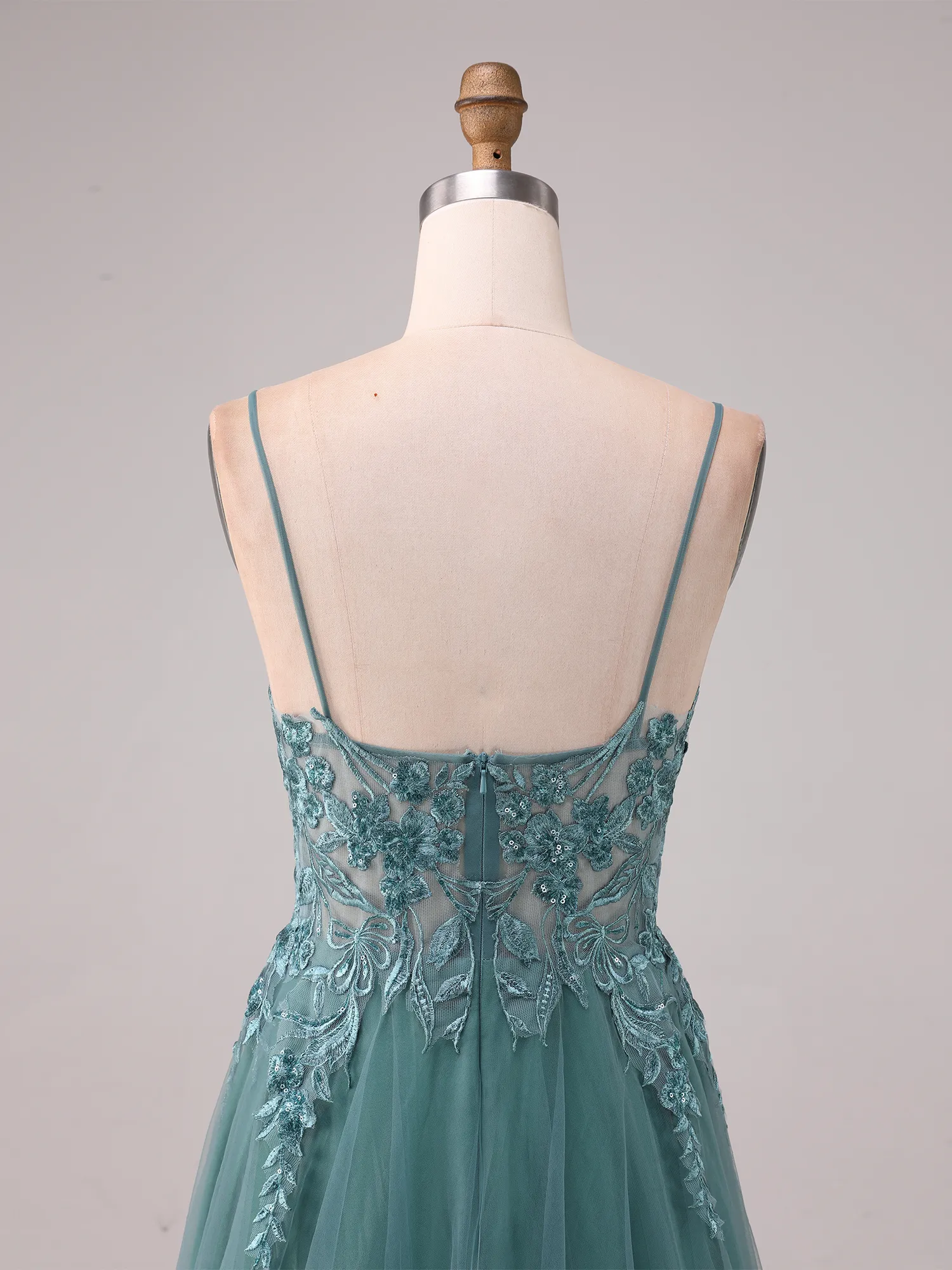 Dusty Teal Lace Appliqué Spaghetti Strap Tulle A-Line Prom Gown