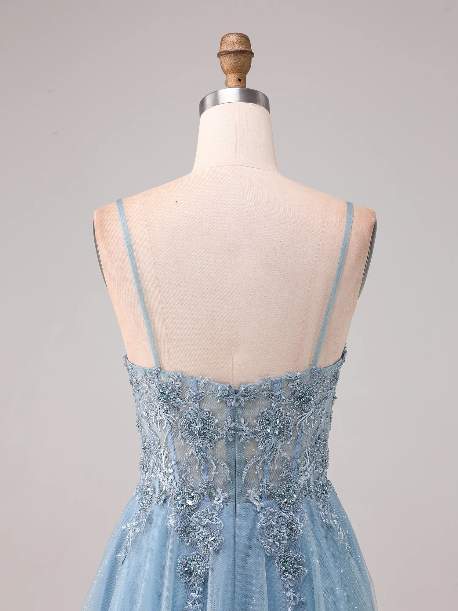 Sky Blue Spaghetti Strap Lace Appqué Glitter Tulle A-Line Prom Dress with Slit