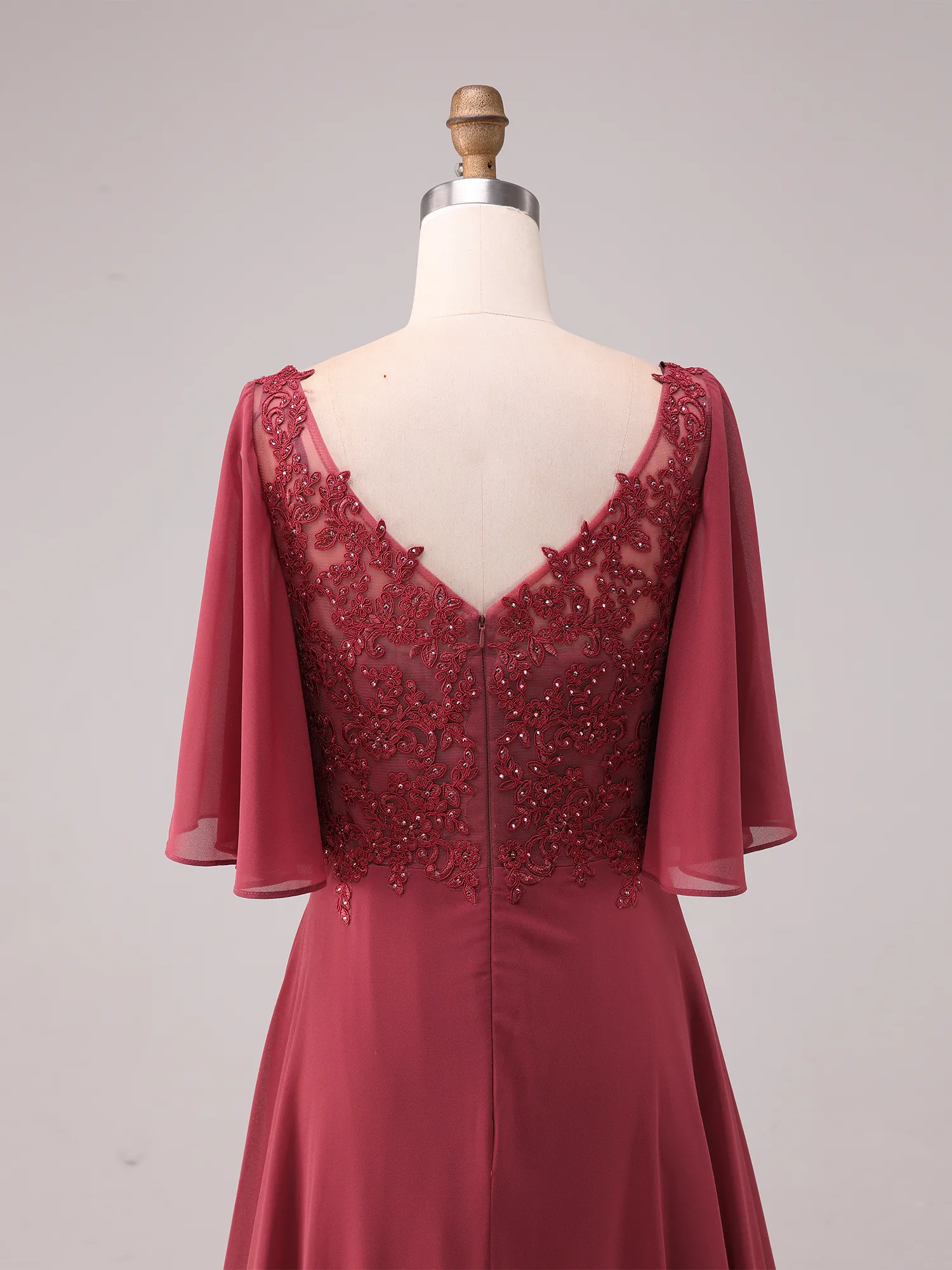Burgundy Illusion Lace Flutter Sleeve Chiffon A-Line Mother of the Bride Dress