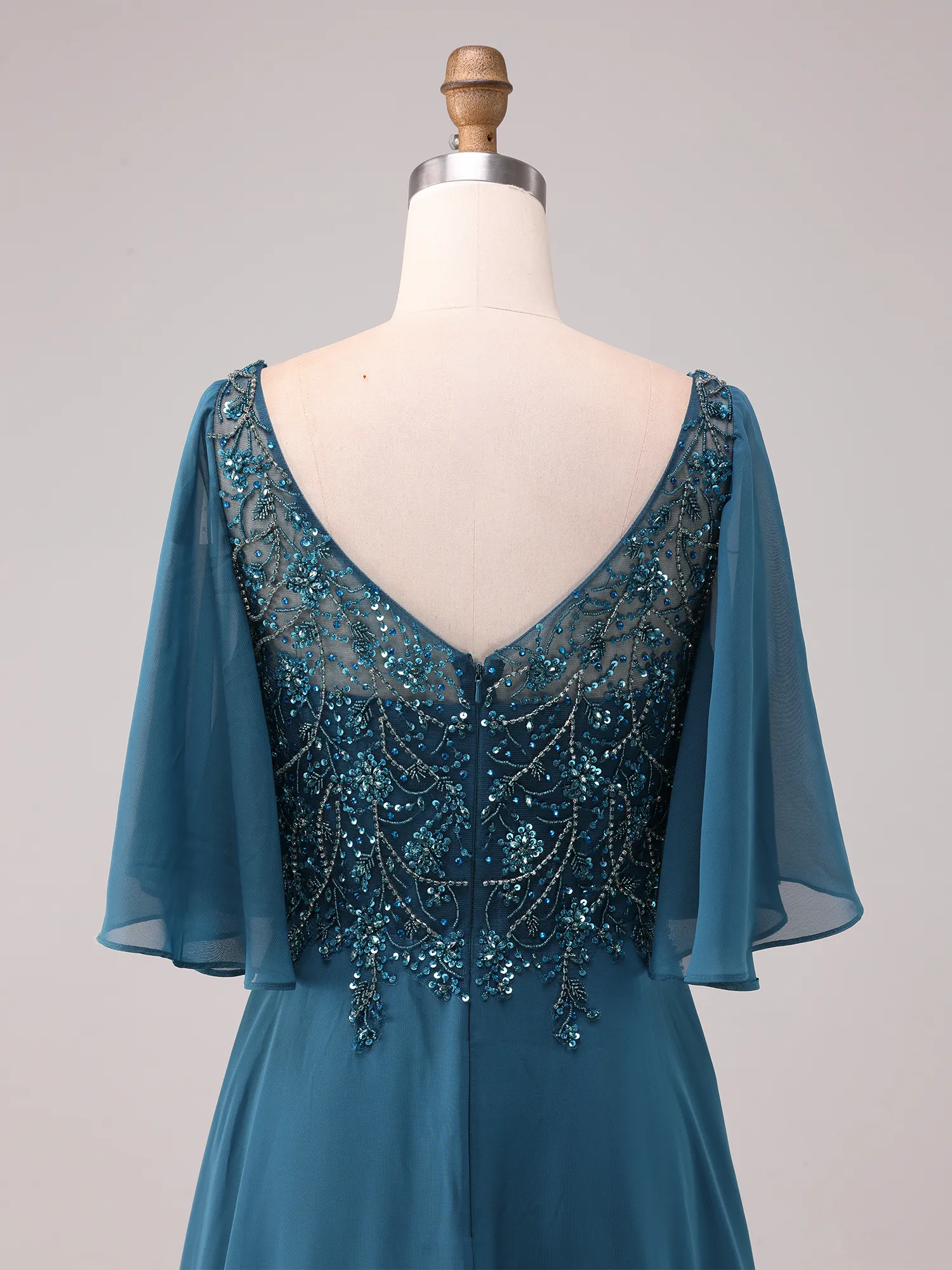 Peacock Blue Lace Appliqué Flutter Sleeve Chiffon A-Line Mother of the Bride Dress