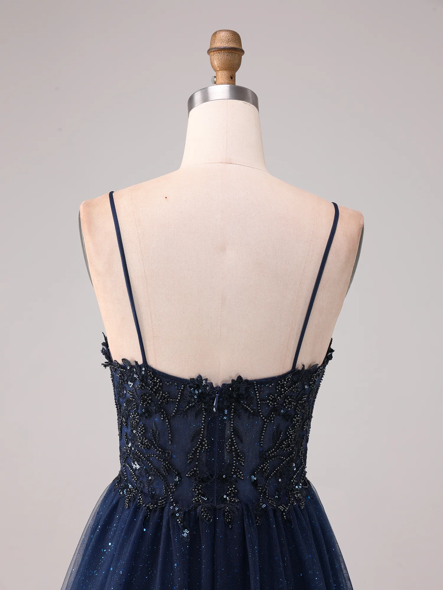 Navy Blue Spaghetti Strap Lace & Bead Glitter Tulle A-Line Prom Dress