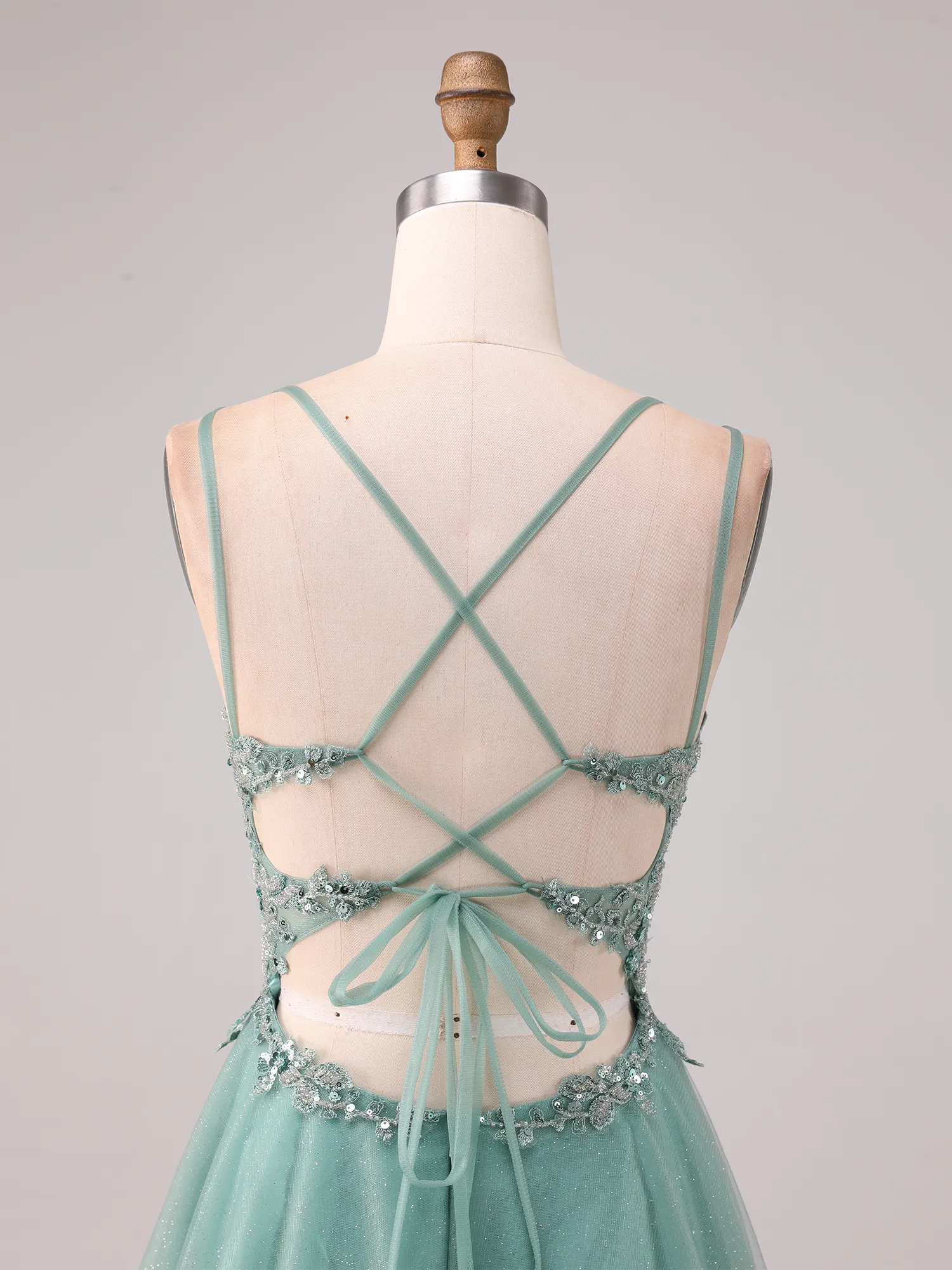 Dusty Sage Green Sequin Lace Corset Glitter Tulle A-Line Prom Dress with Crisscross Back