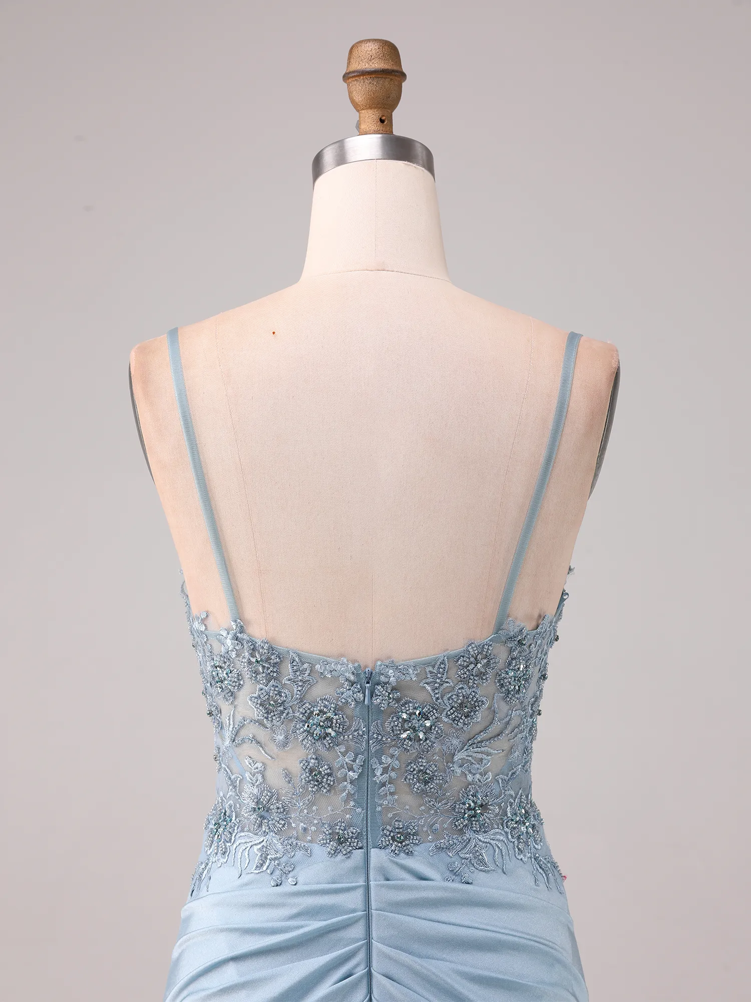 Sky Blue Lace Appqué Illusion Bodice Ruched Satin Mermaid Prom Dress