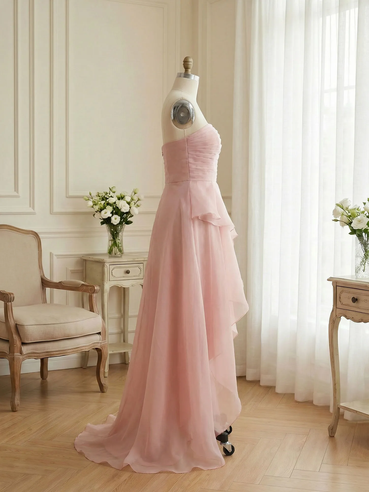 Strapless Tiered Organza Evening Gown with High Slit