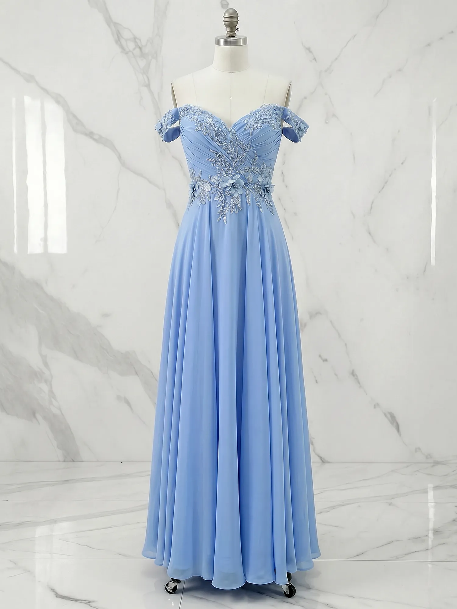 Sky Blue Off-the-Shoulder Floral Lace Chiffon Prom Gown