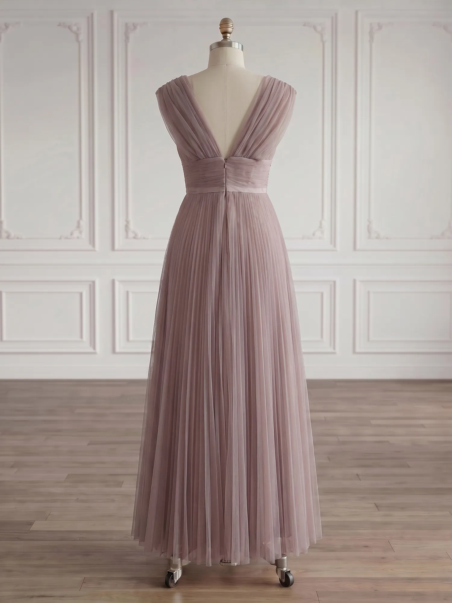 Draped V-Neck Pleated Tulle Evening Gown Maxi Dress