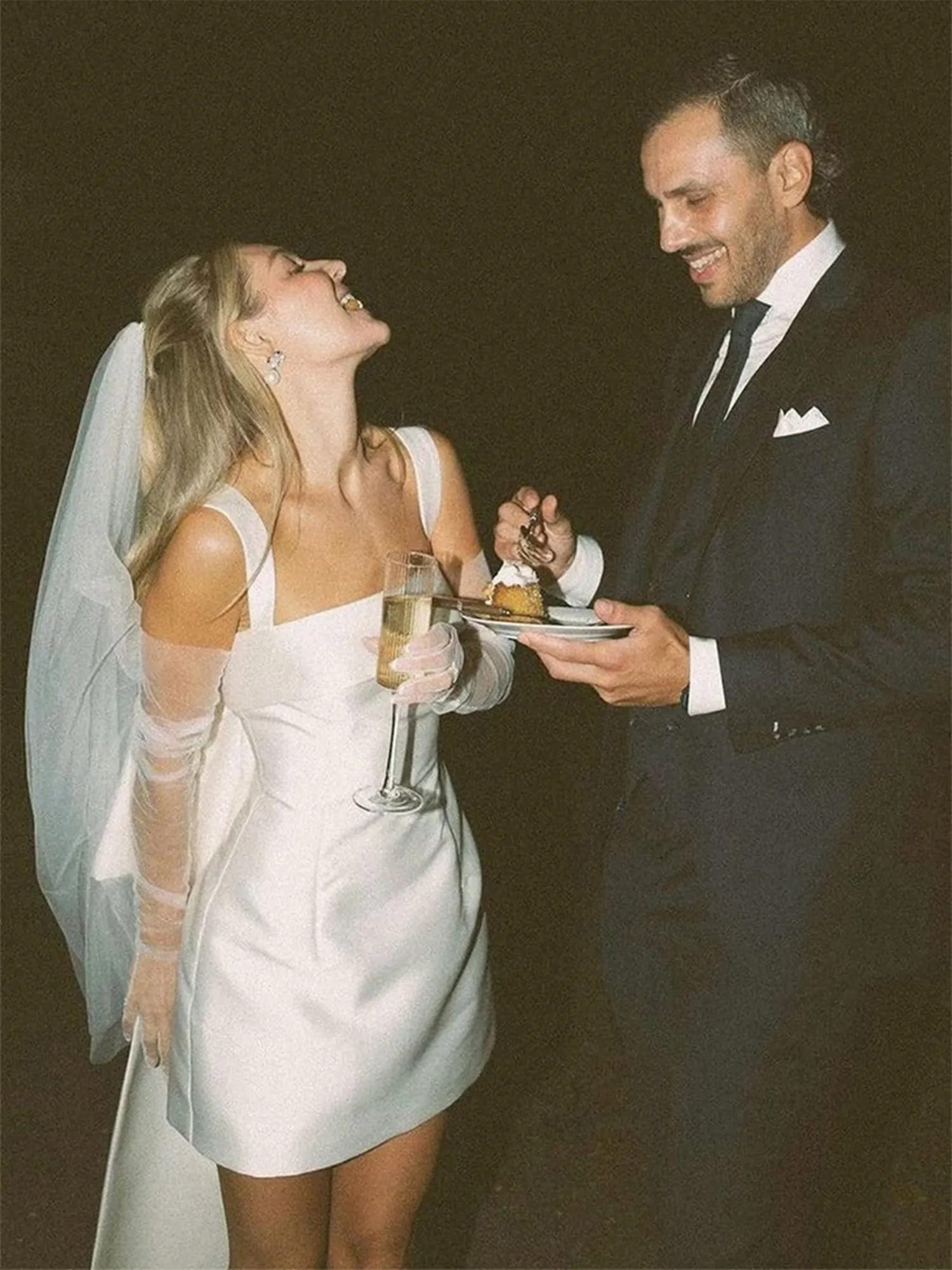 White Square Neck Mini Wedding Dress with Oversized Bow Train