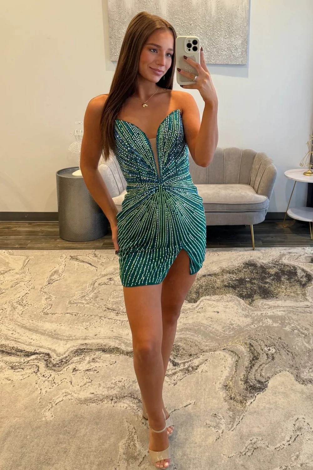 Strapless Deep V Beaded Homecoming Dress with Slit