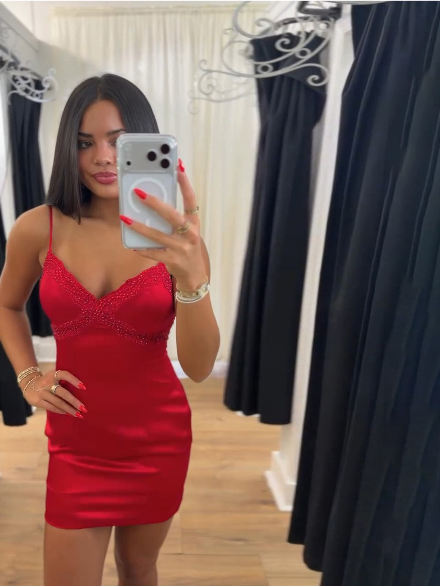 Red Beaded V-Neck Spaghetti Strap Satin Homecoming Dress